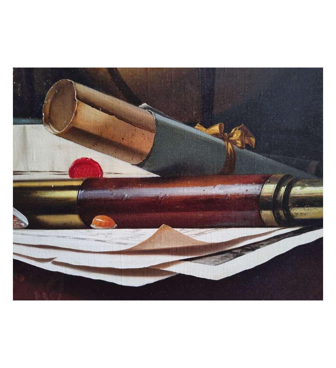 Still Life with Globe, Books and Telescope,  Oil on canvas by  Jean Grimal (1942 For Sale 2