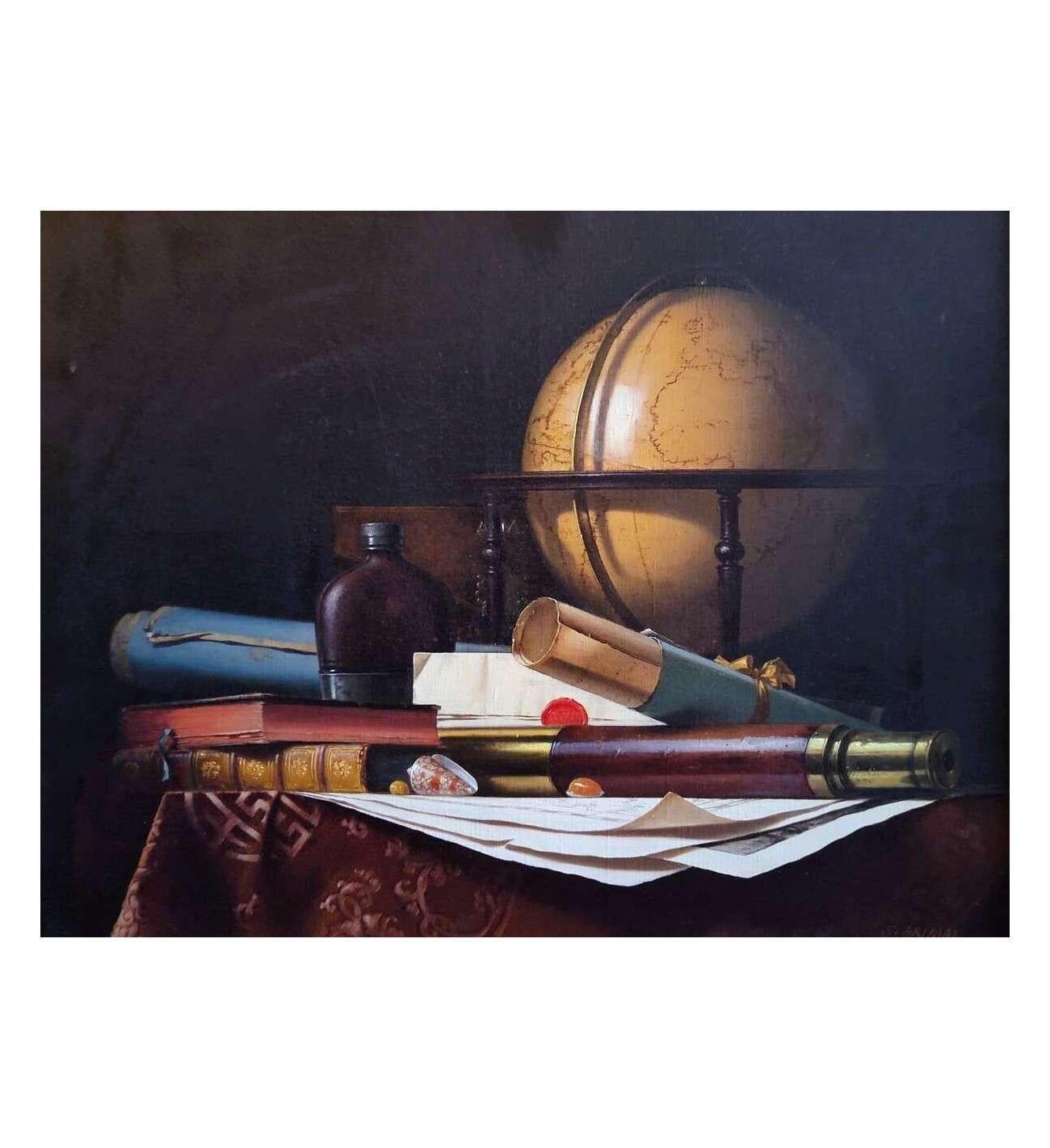 Still Life with Globe, Books and Telescope,  Oil on canvas by  Jean Grimal (1942 For Sale 4