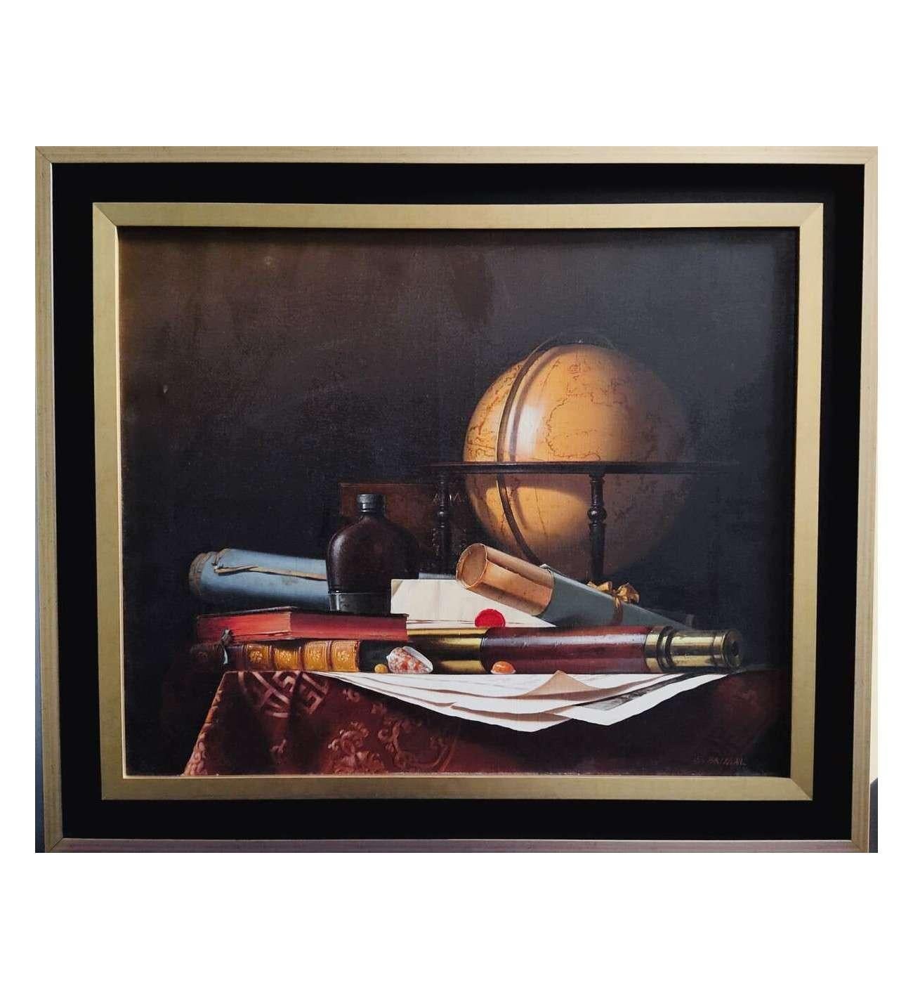 Still Life with Globe, Books and Telescope,  Oil on canvas by  Jean Grimal (1942 For Sale 5