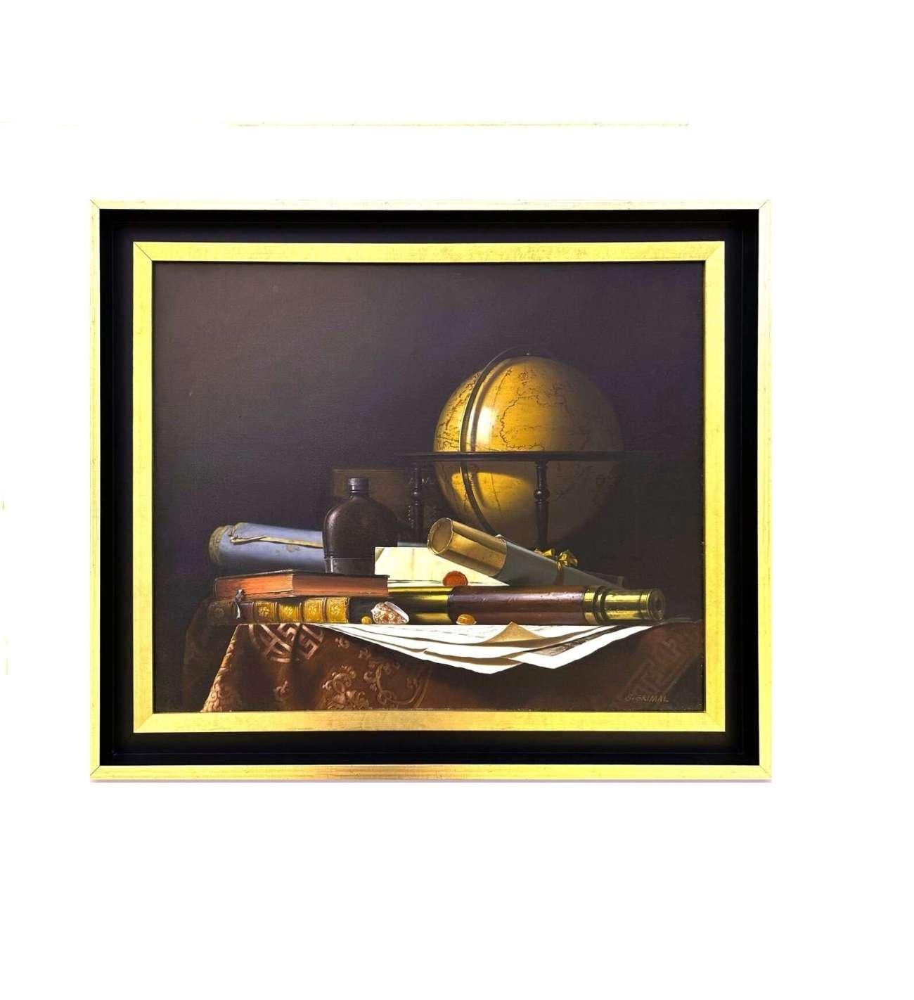 In this masterfully executed trompe-l'œil, Jean Grimal displays his exceptional command of light, material rendering and illusionistic composition. The canvas presents a still life featuring a geographic globe, rolled documents, a telescope, rare