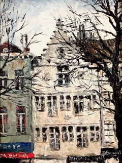 Amberes - Pintura belga postimpresionista de mediados del siglo XX sobre un paisaje callejero