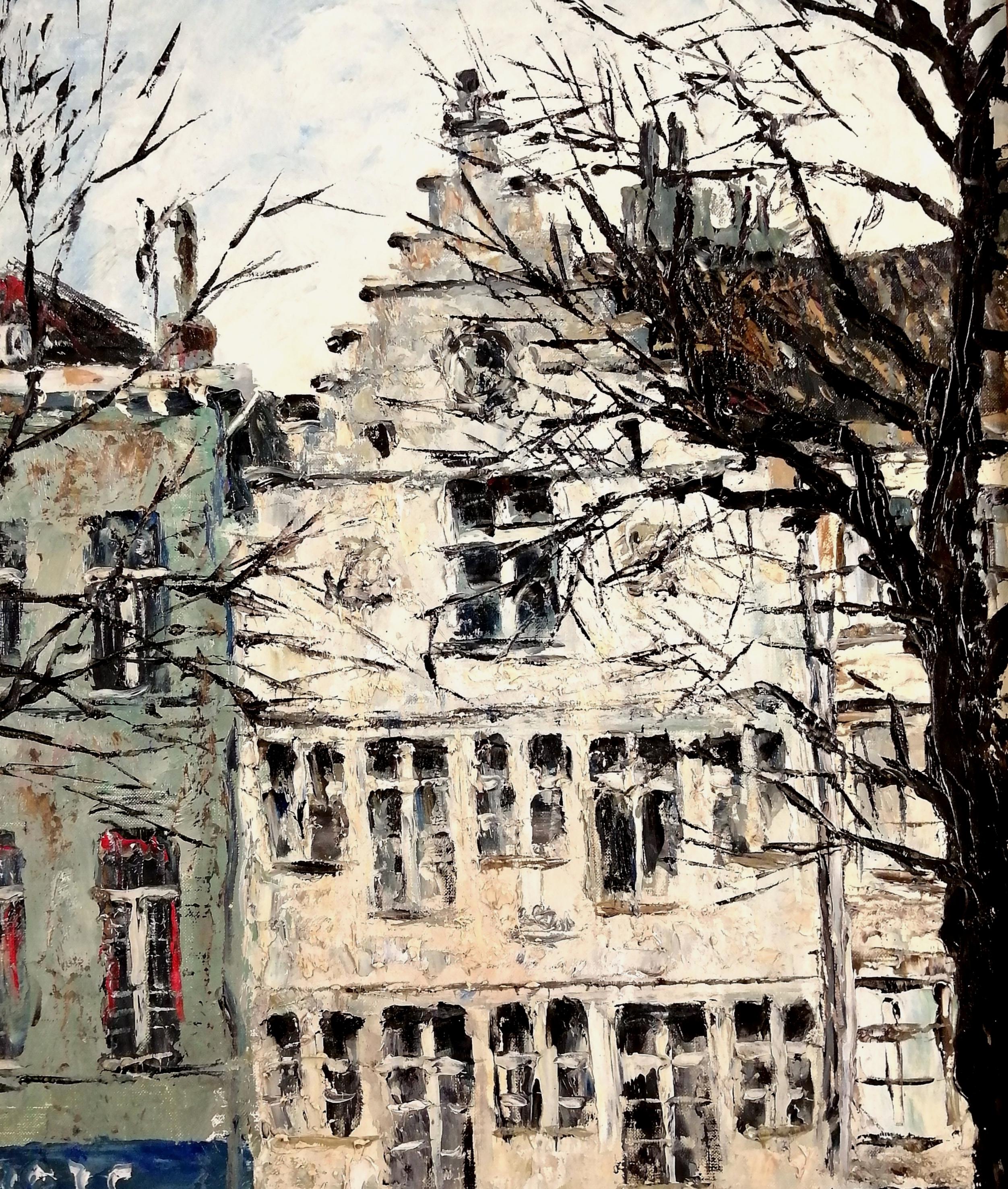 Antwerpen - Mitte des 20. Jahrhunderts belgische postimpressionistische Straßenlandschaftsmalerei (Post-Impressionismus), Painting, von Jean Guy Beernaert