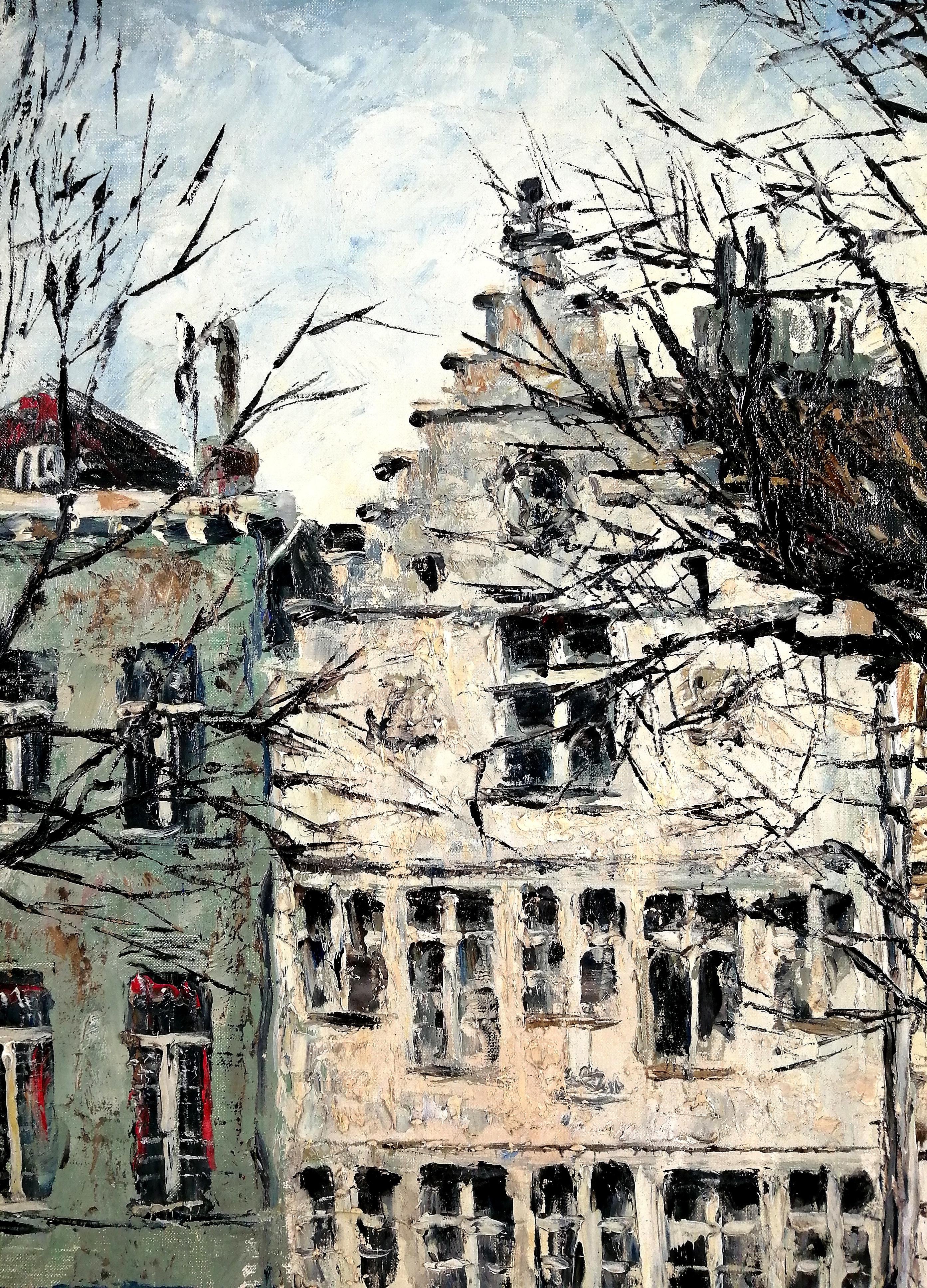 Antwerpen - Mitte des 20. Jahrhunderts belgische postimpressionistische Straßenlandschaftsmalerei (Beige), Landscape Painting, von Jean Guy Beernaert