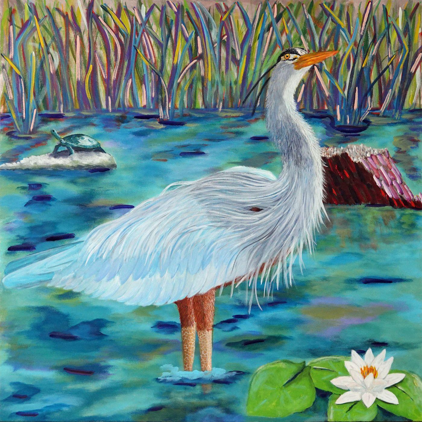 This painting is included in the series "BLUE". I wanted a diagonal line composition for this work to balance the size of the Heron. I included the turtle and the Water Lily.  As always the level of detail is a balance between realism and self