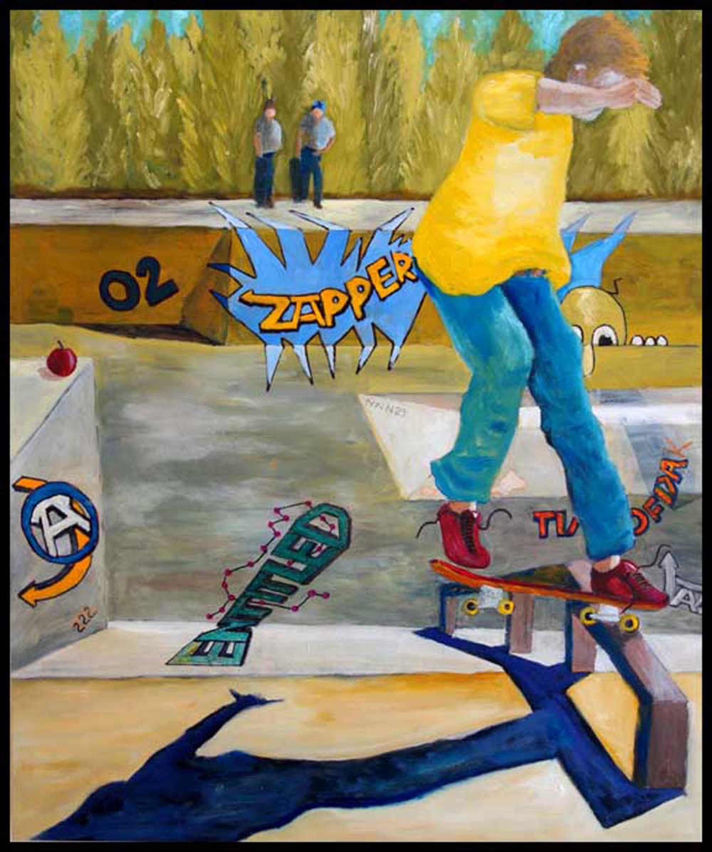 Entitled - A fun carefree piece depicting a sunny day at the board park where western children play and entertain themselves. :: Painting :: Realism :: This piece comes with an official certificate of authenticity signed by the artist :: Ready to