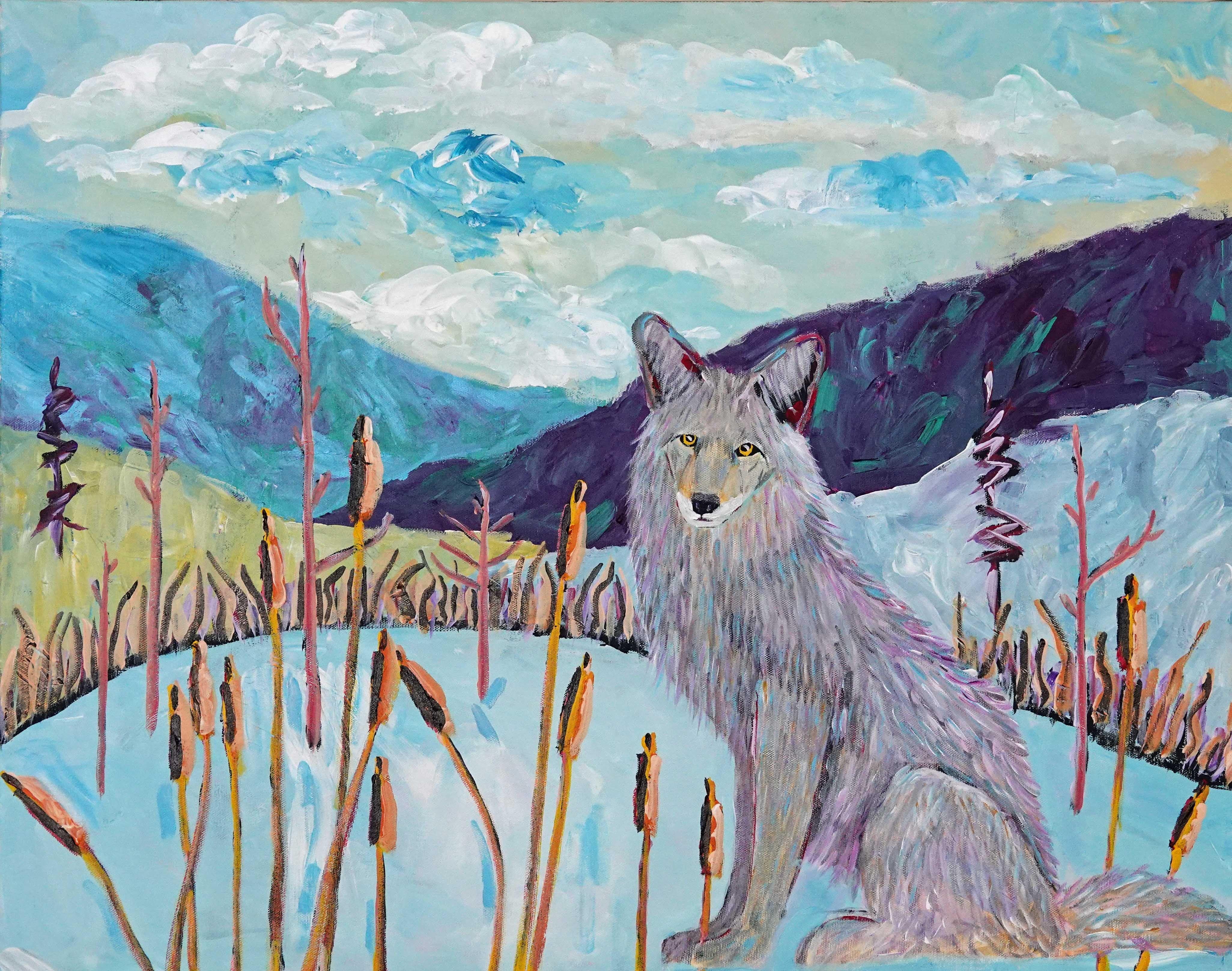 This painting is from my current series that I am calling "BLUE".  The painting is named "Thin Ice".  It is a evolutional painting, that is I began with the main subject, the Coyote and added to the composition, "a la improv".  I am playing with the