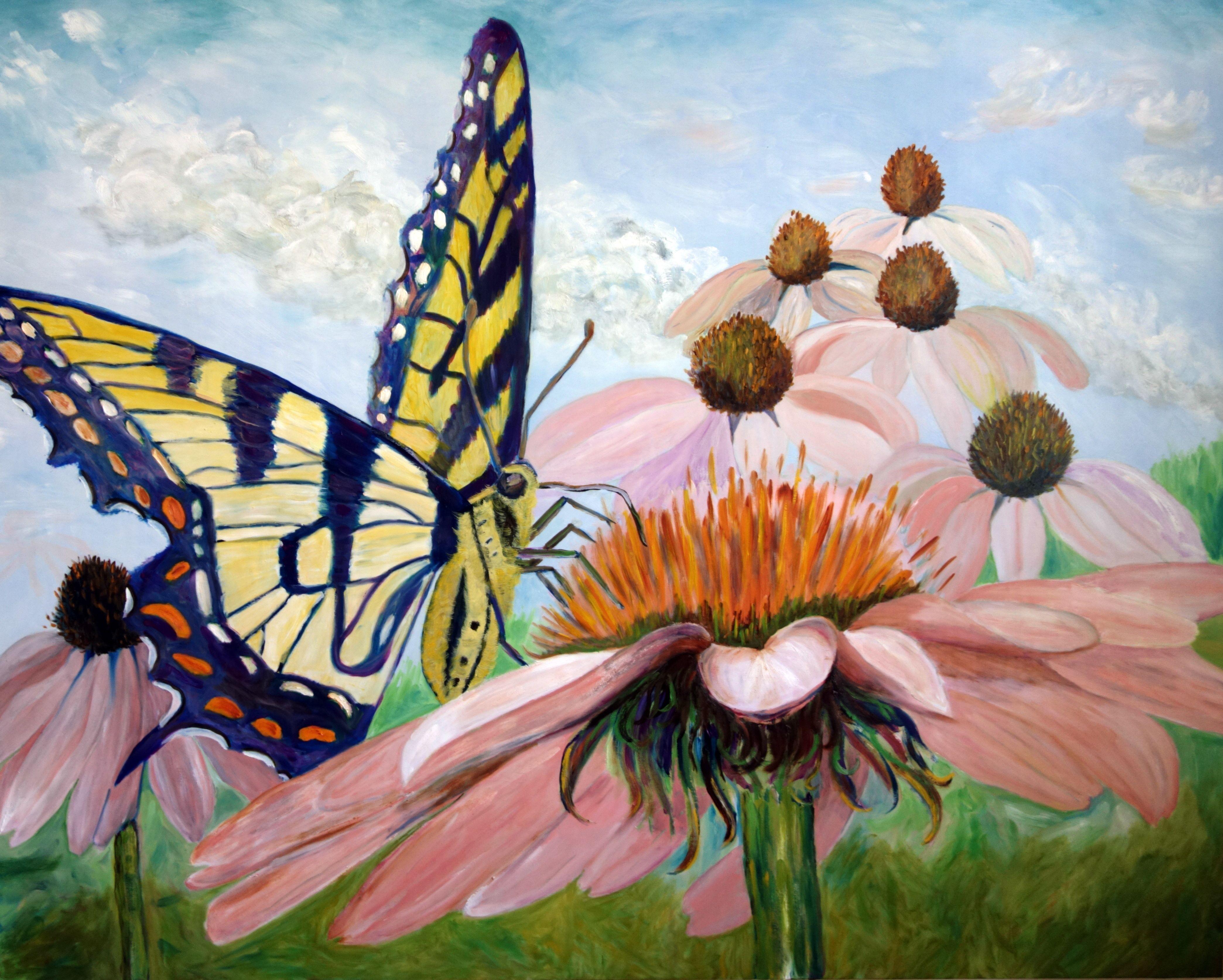 I'm uncertain what the motivation is to paint small observations in a large format.  But I gave it a try here after having returned from my morning jog.  While I was out I came across a number of Monarch butterflies, a species that is endangered.  I