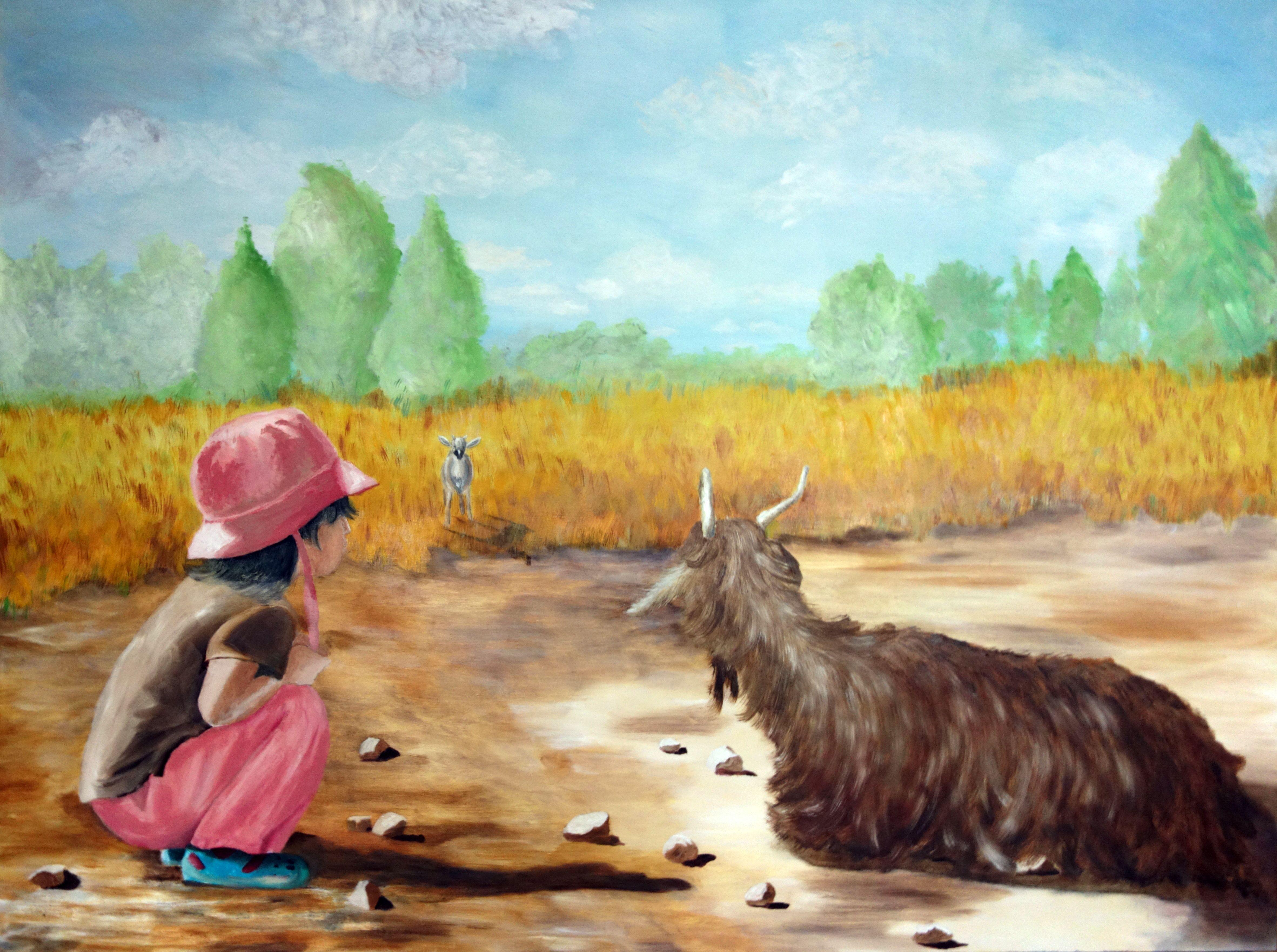 Children seem to be always mesmerized by animals regardless of the animal's temperament.  I wanted to set up a composition that would represent a condition for parental angst.  A nanny goat separated from its kid while a child makes observations
