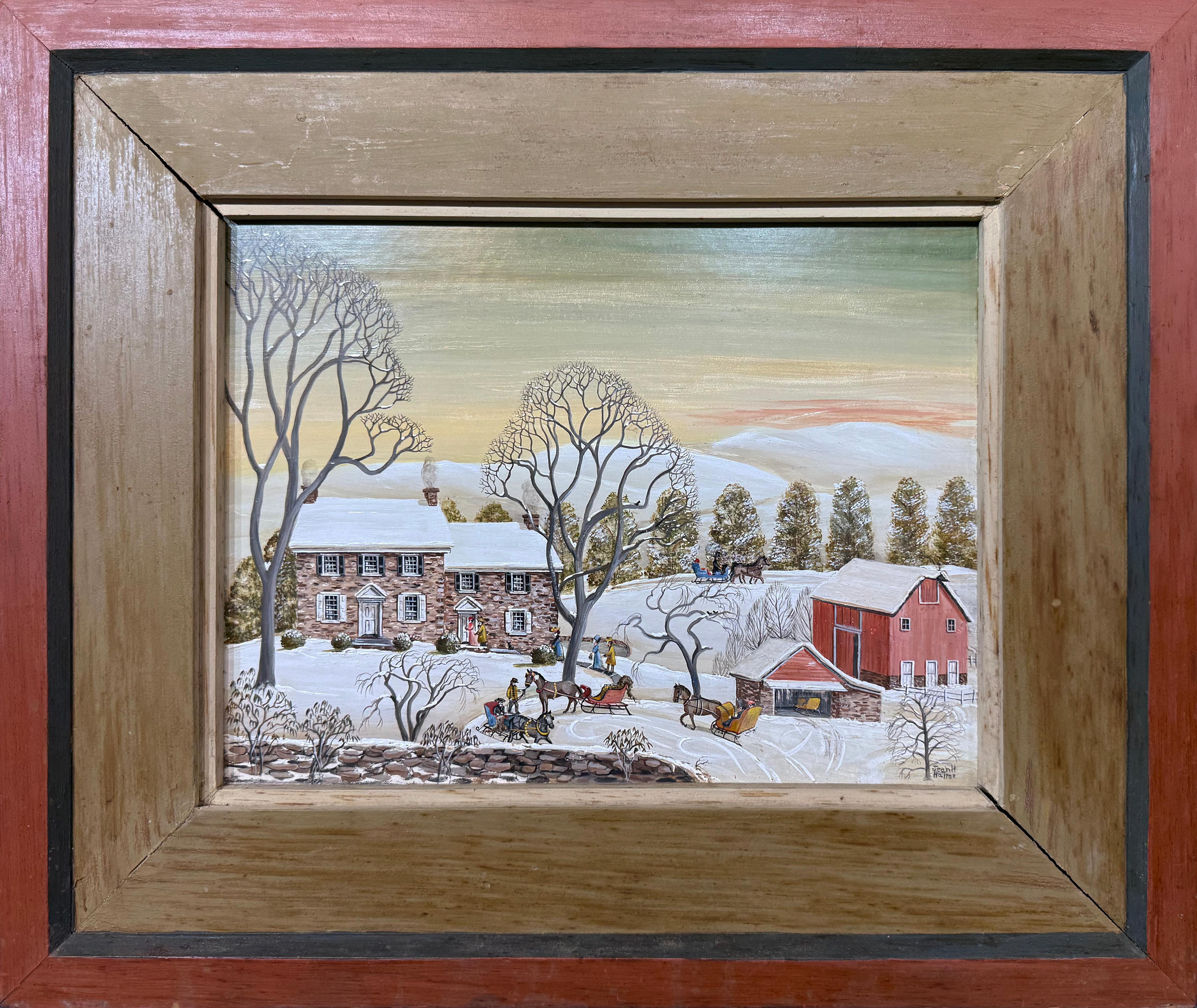 Ferme du comté de Bucks en hiver, paysage par un peintre d'art populaire de Pennsylvanie - Artisanat Painting par Jean Halter