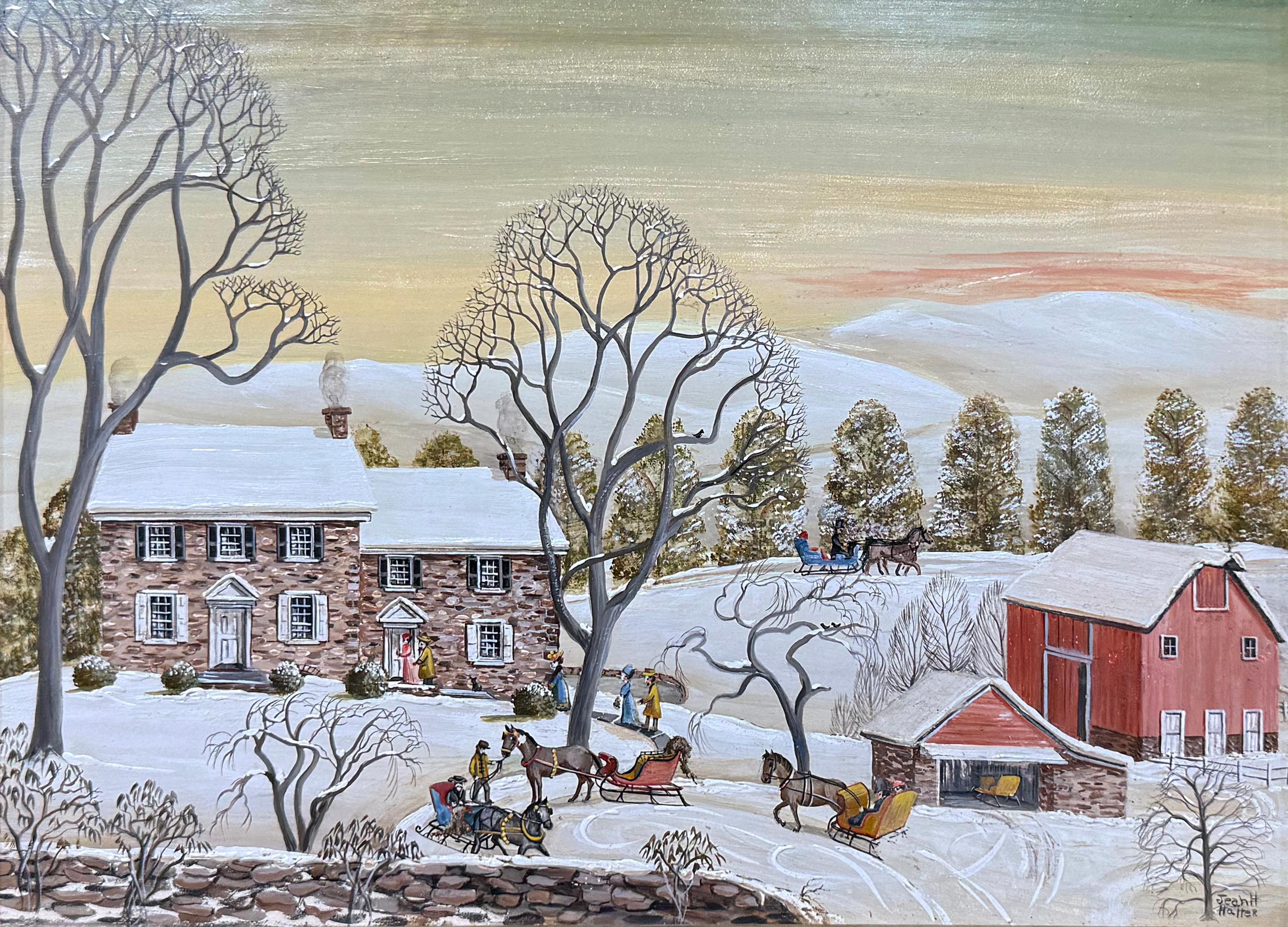 Landscape Painting Jean Halter - Ferme du comté de Bucks en hiver, paysage par un peintre d
art populaire de Pennsylvanie
