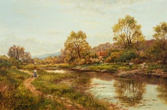 Jean Hamilton George (b.1948)- 20th Century Oil, River Landscape with Dog Walker