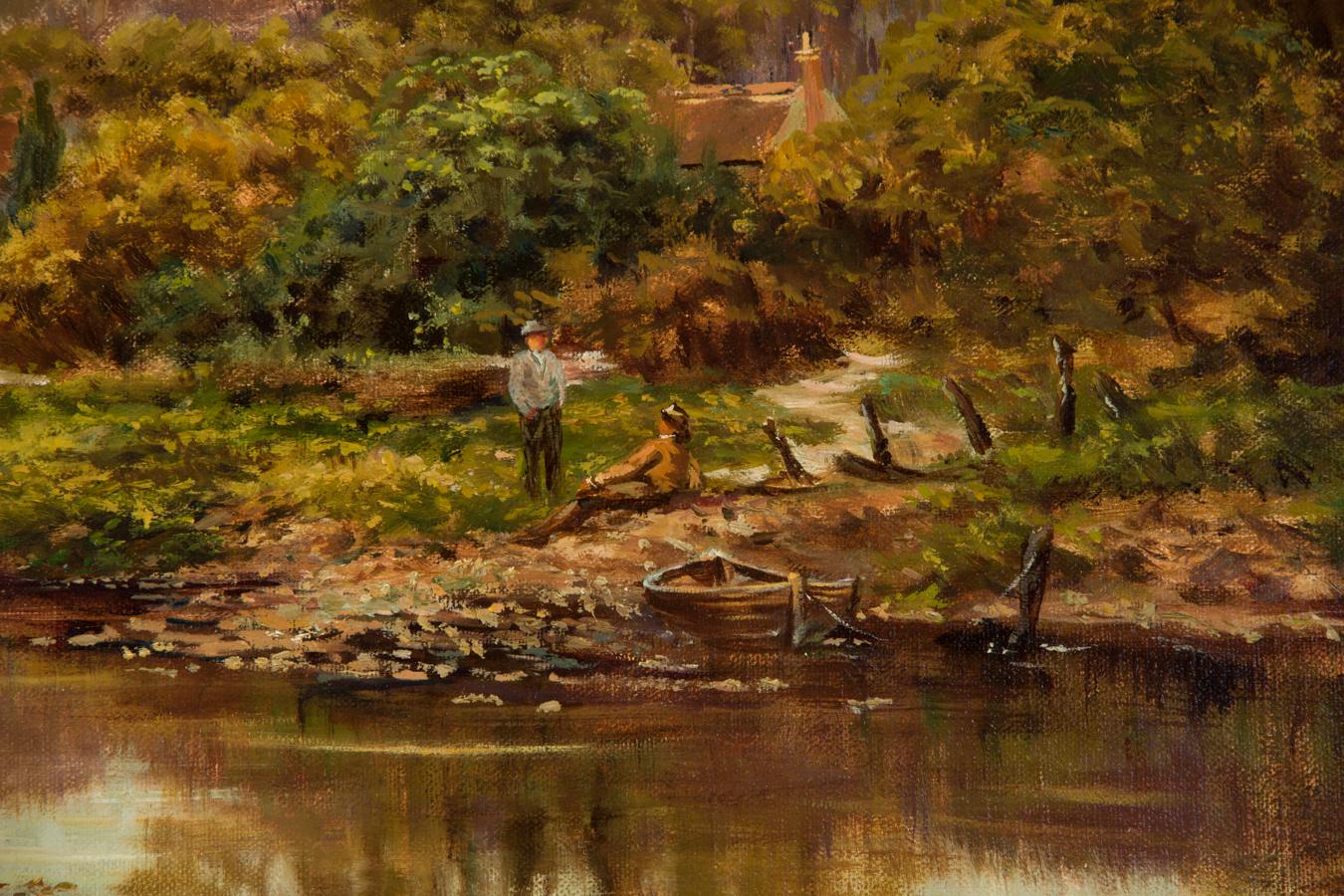 Jean Hamilton George (b.1948)- 20th Century Oil, River Landscape with Dog Walker 1