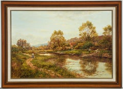 Vintage Jean Hamilton George (b.1948)- 20th Century Oil, River Landscape with Dog Walker