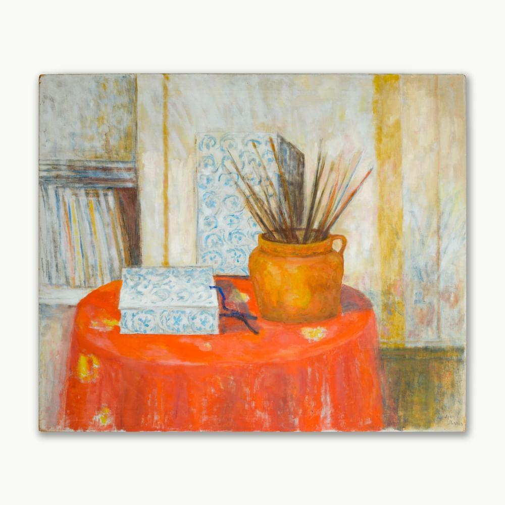 Brushes with Blue and White Boxes - Painting de Jean Hannon