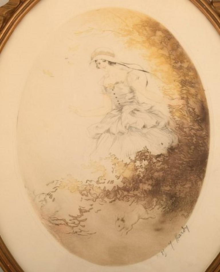 Jean Hardy (b. 1880), France. Lithography on paper. Young woman. Beautiful oval gold frame with a bow ribbon. 1930s.
Visible dimensions: 29 x 21 cm.
Total dimensions: 39 x 29 cm.
The frame measures: 1.5 cm.
In excellent condition.
Signed in