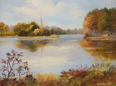 Peinture à l'huile d'une scène de lac en Irlande du Nord avec une église de village par un artiste irlandais
