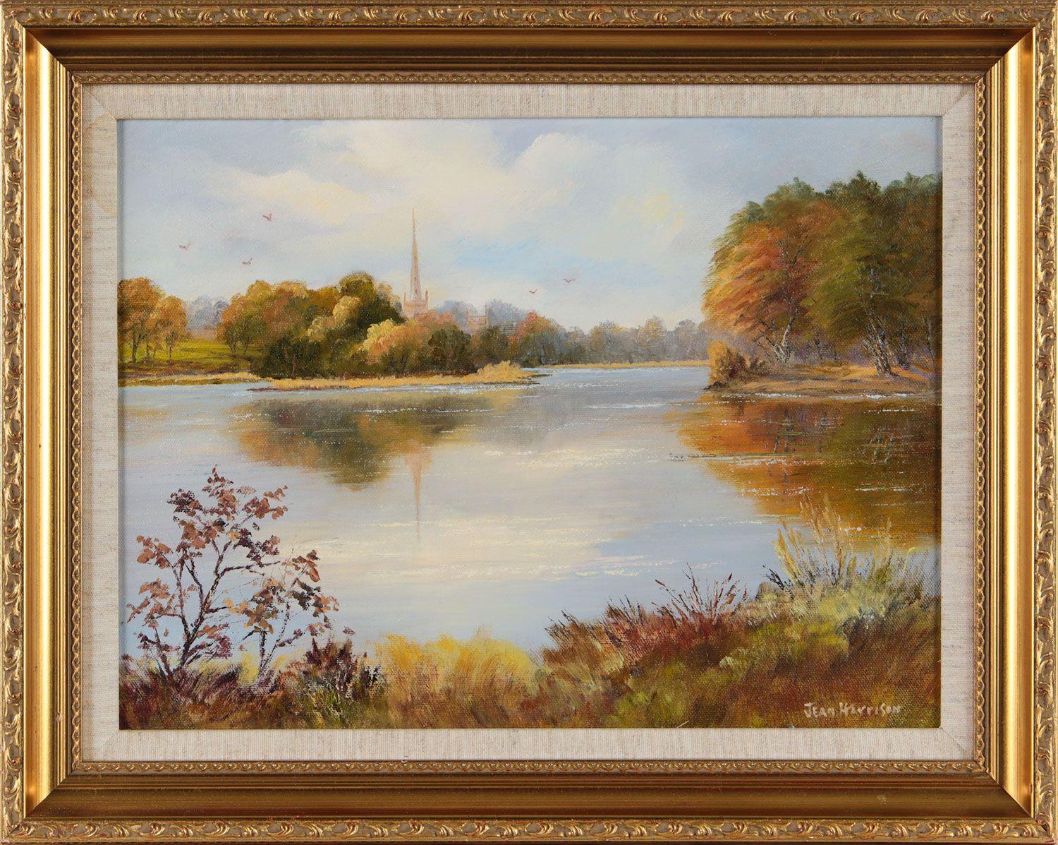 Jean Harrison Landscape Painting - Oil Painting of Lake Scene Northern Ireland with Village Church by Irish Artist