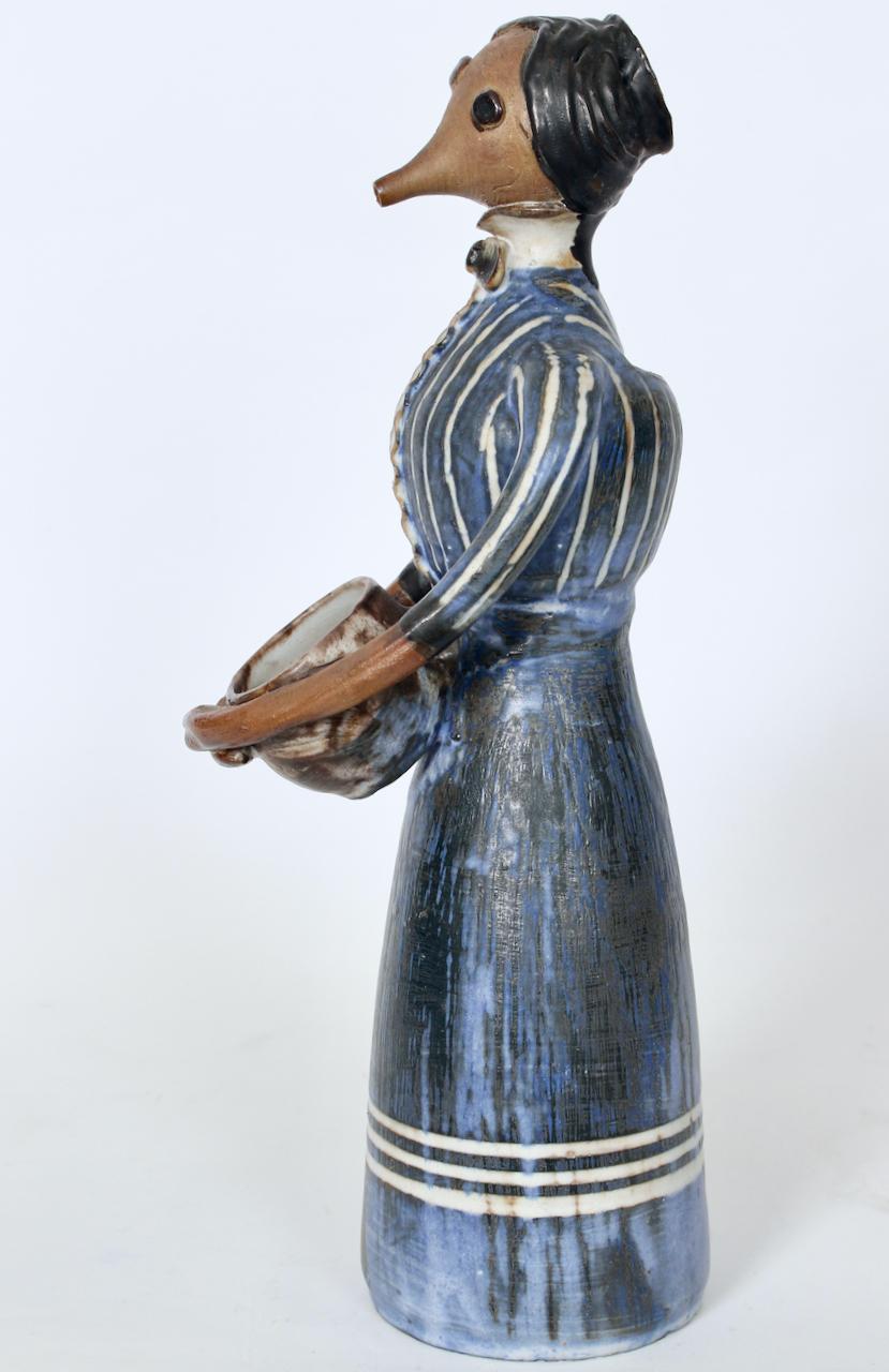 Glazed Jean Hastings Ceramic Figurative Sculpture in Blue White & Brown, circa 1970 For Sale