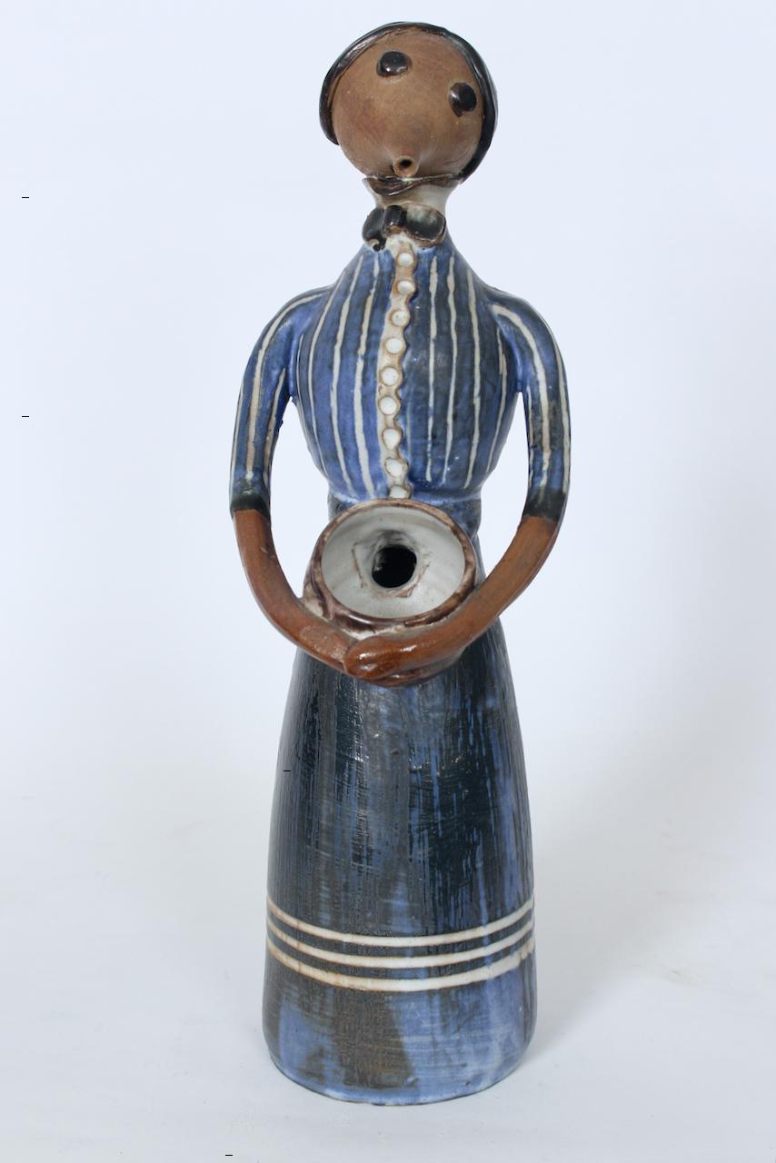 Jean Hastings Ceramic Figurative Sculpture in Blue White & Brown, circa 1970 In Good Condition For Sale In Bainbridge, NY