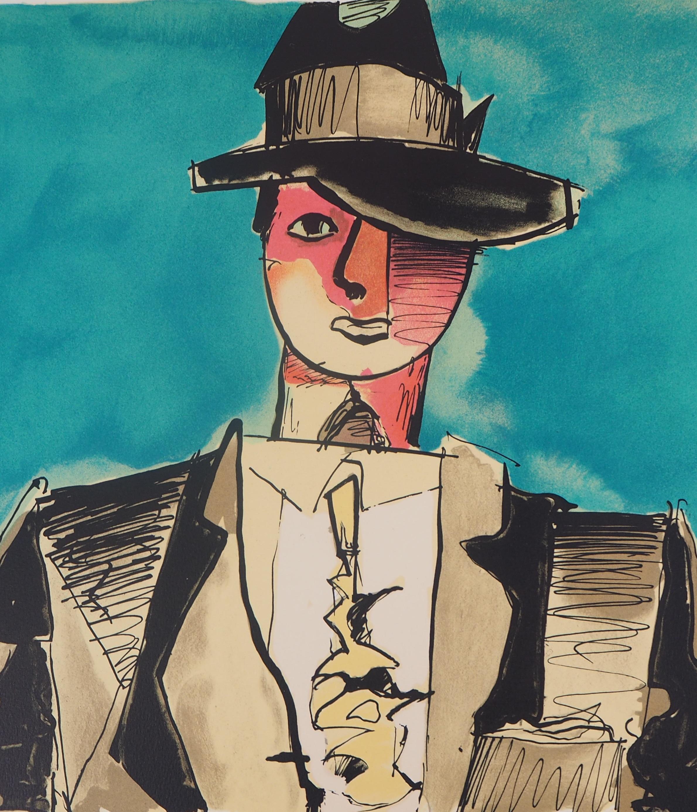 Elegant Man with a Hat - Original handsigned lithograph - 100 copies - Blue Portrait Print by Jean Helion