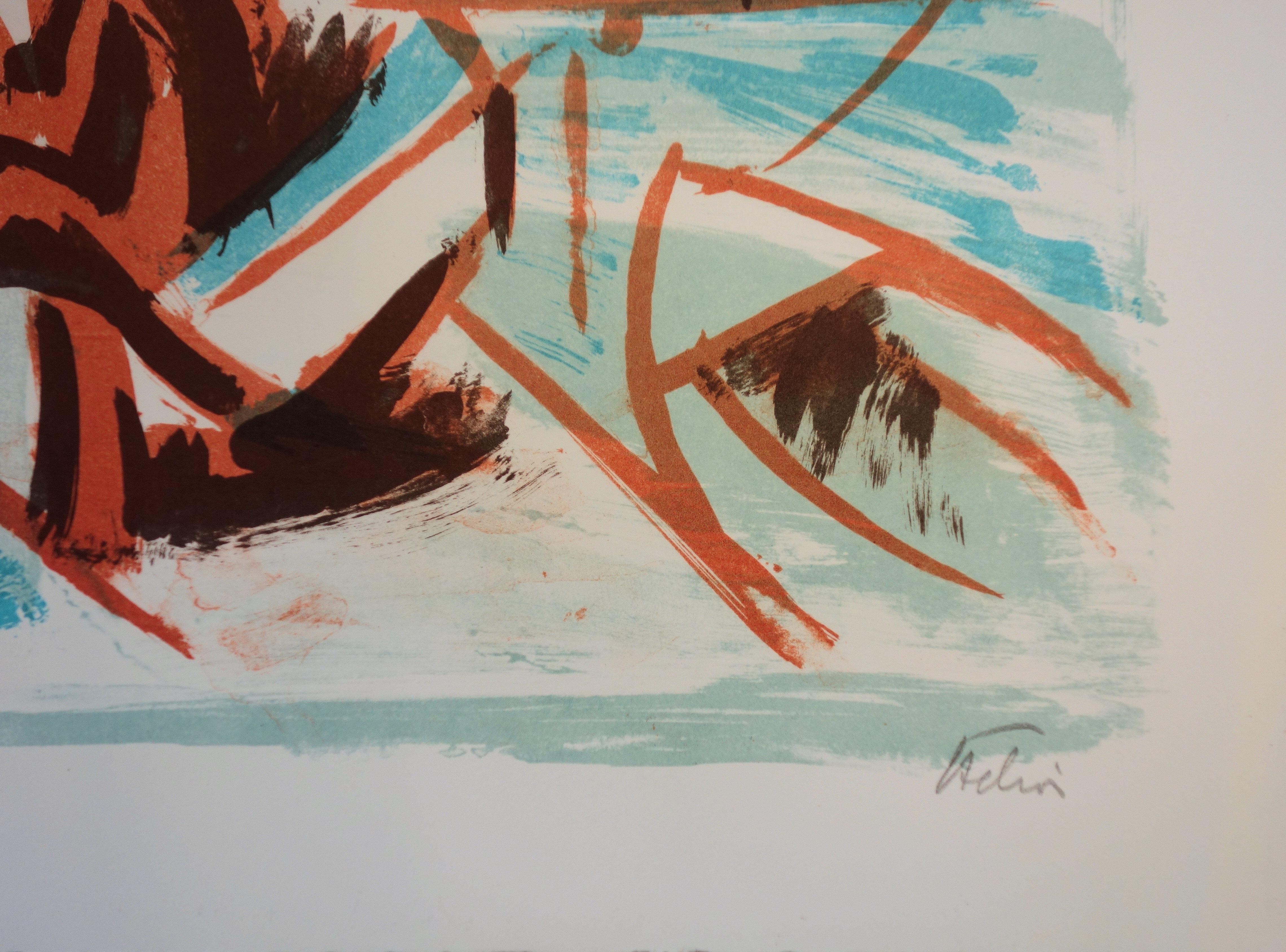 Pescadores y gente en el puerto - Litografía original firmada a mano - 50 ejemplares - Print de Jean Helion