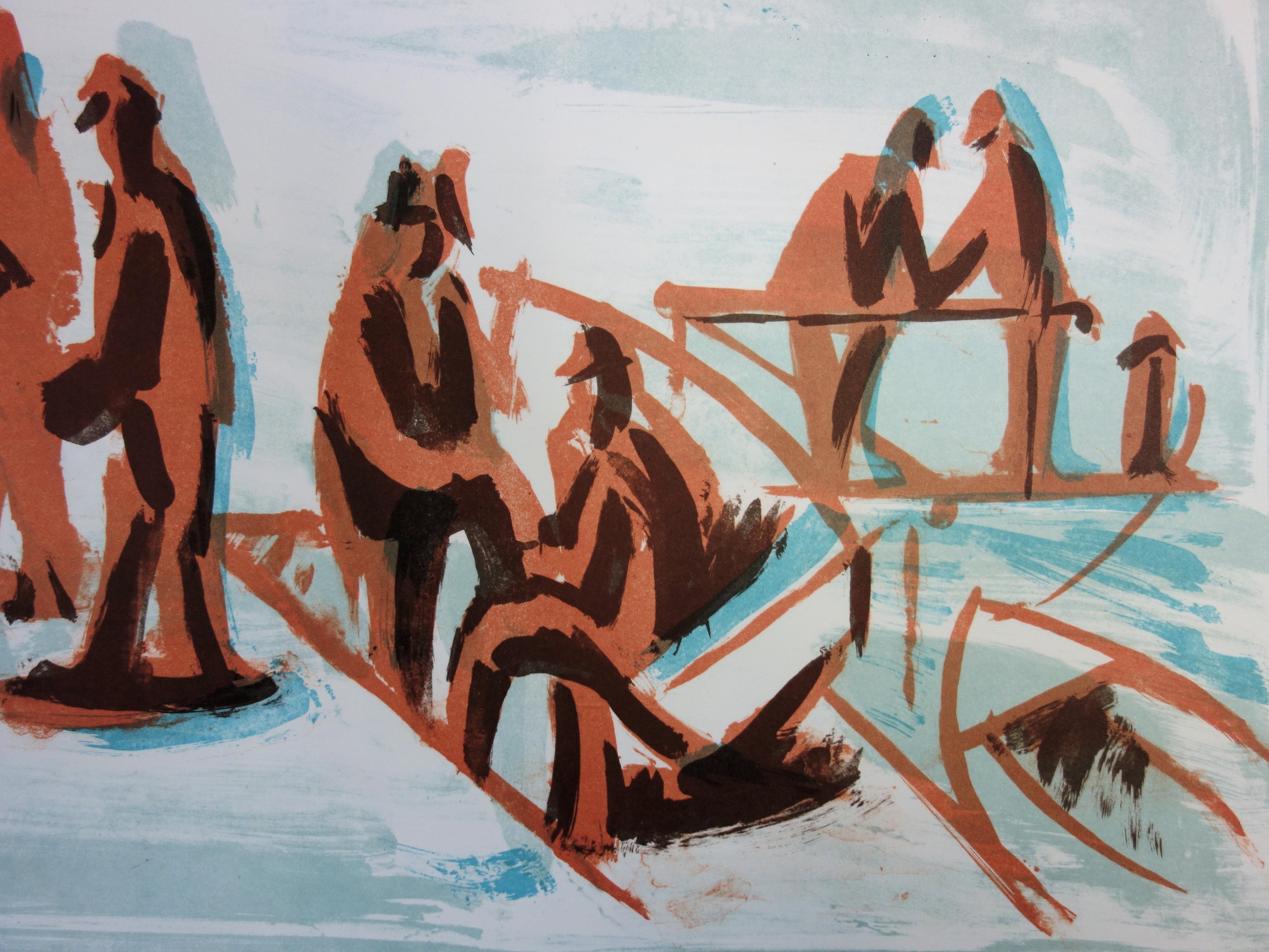 Fishermen and People at the Harbor - Original handsigned lithograph - 50 copies - Modern Print by Jean Helion