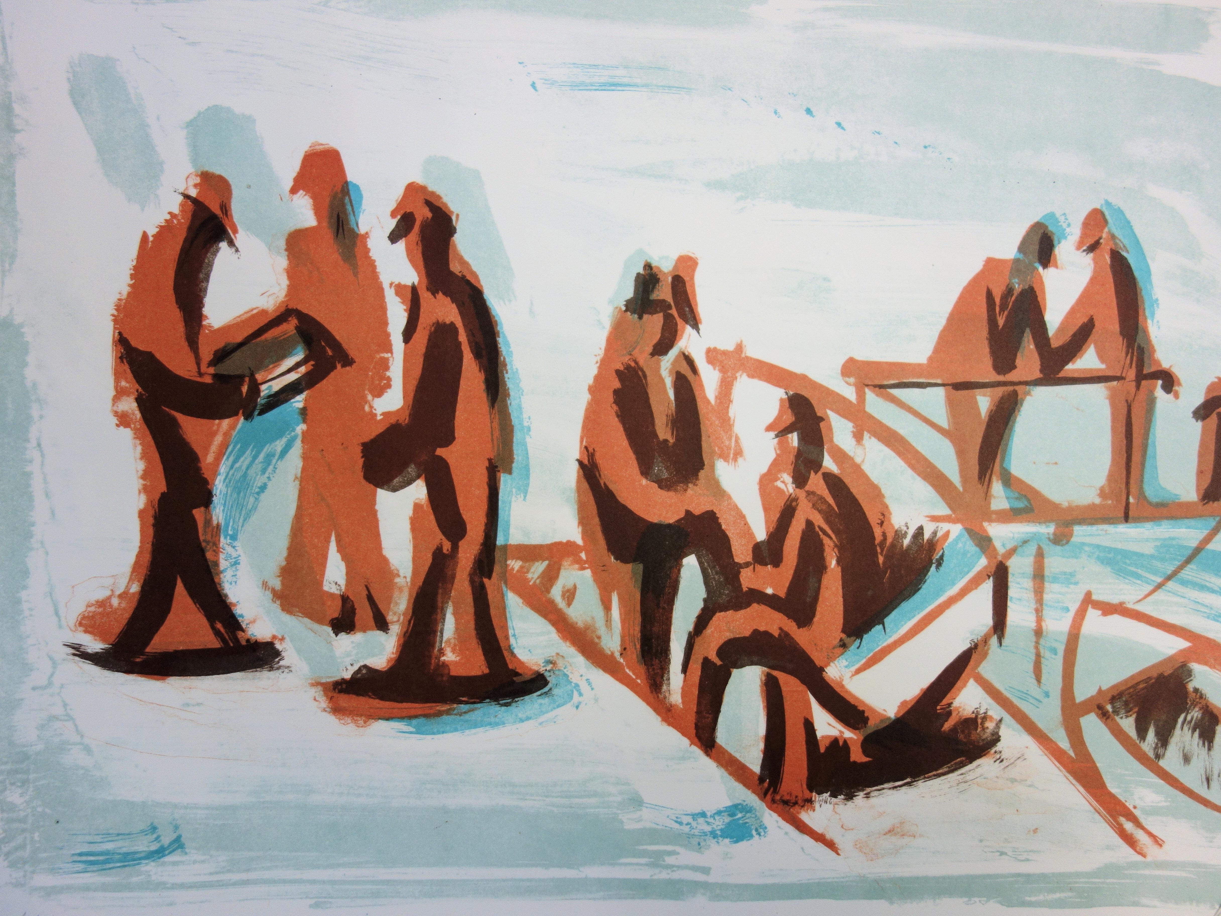 Pescadores y gente en el puerto - Litografía original firmada a mano - 50 ejemplares - Landscape Print Gris de Jean Helion