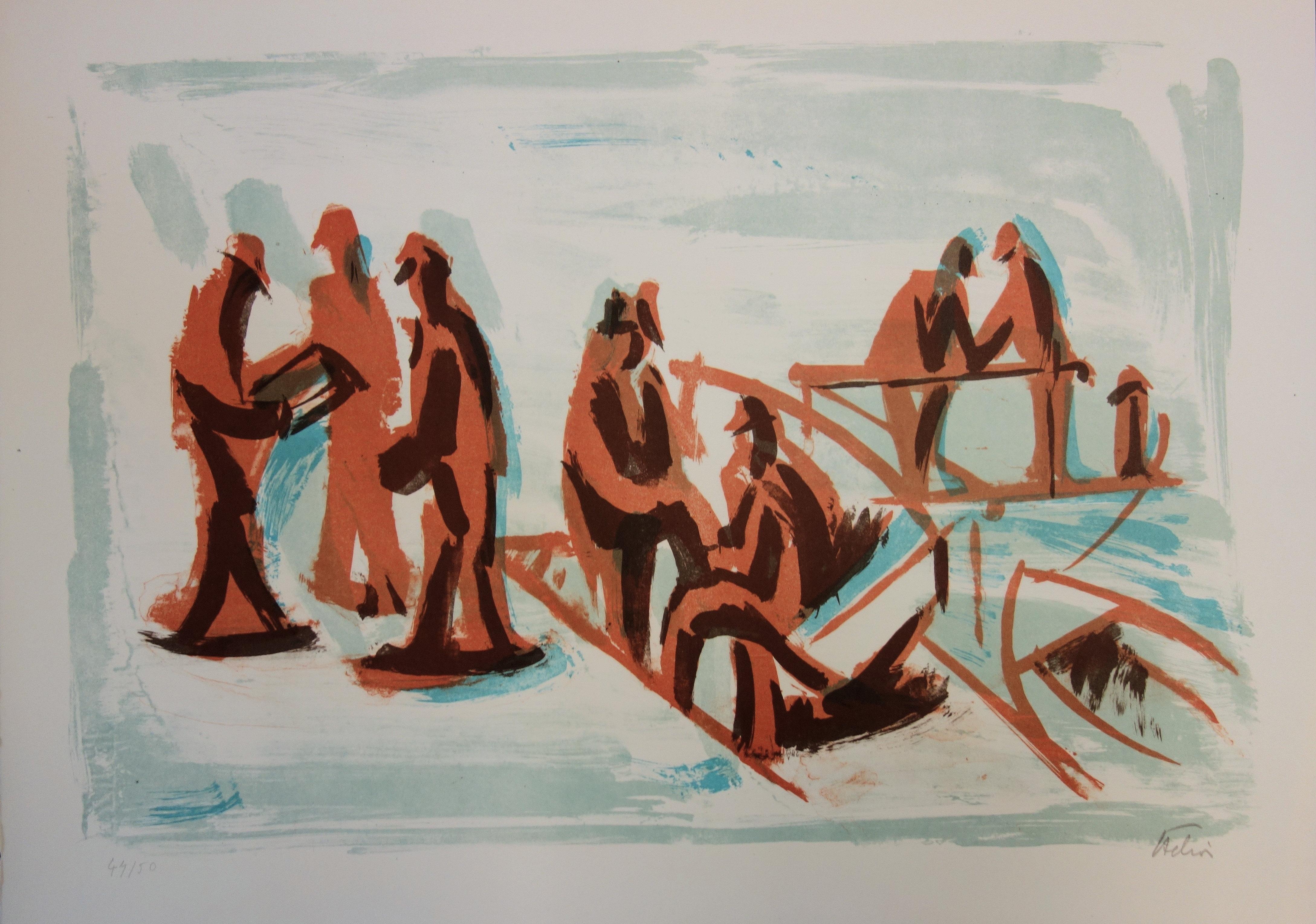 Fishermen and People at the Harbor - Lithographie originale signée à la main - 50 exemplaires