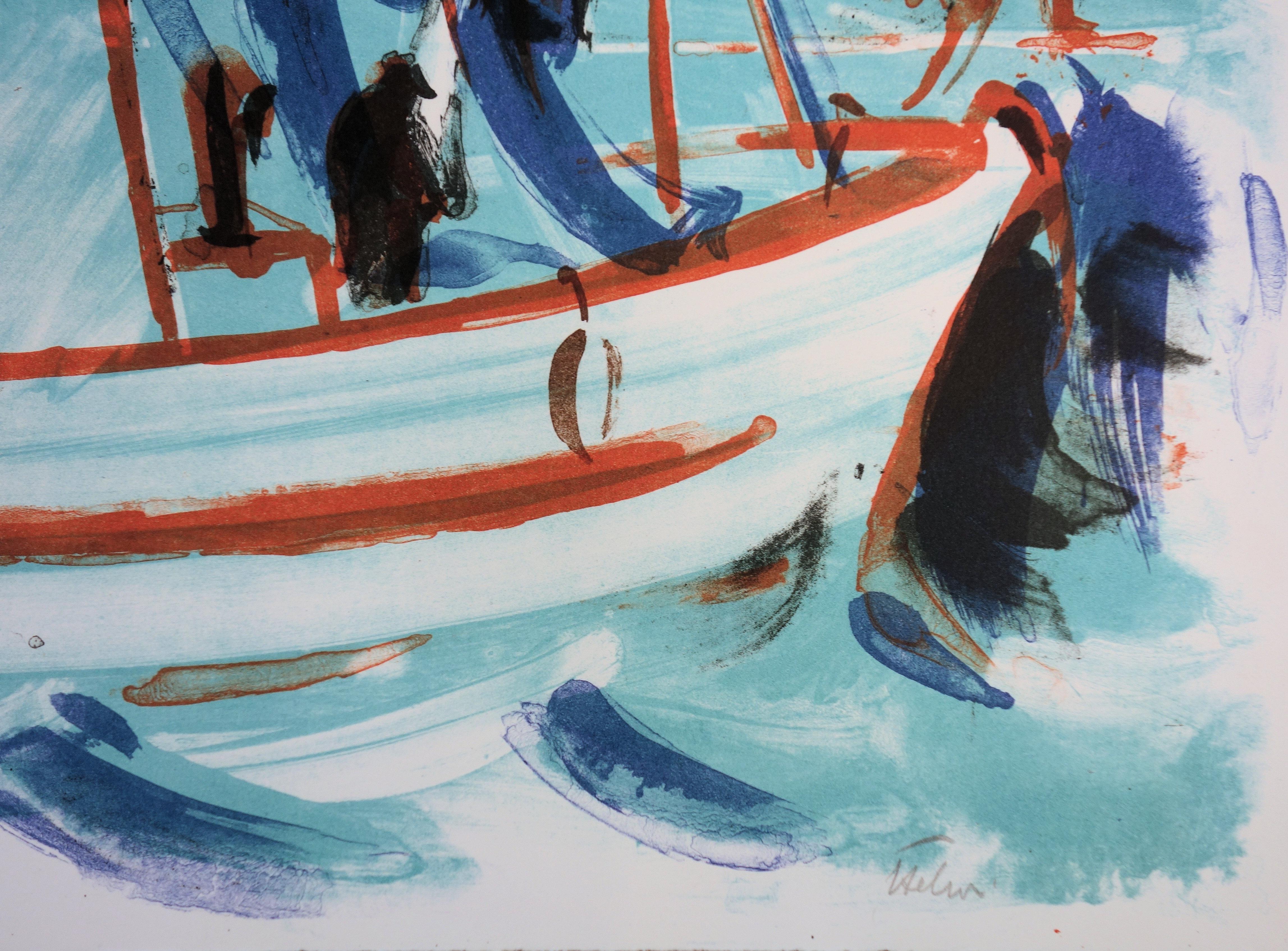 Fishermen working on a Boat - Original handsigned lithograph - 50 copies - Print by Jean Helion