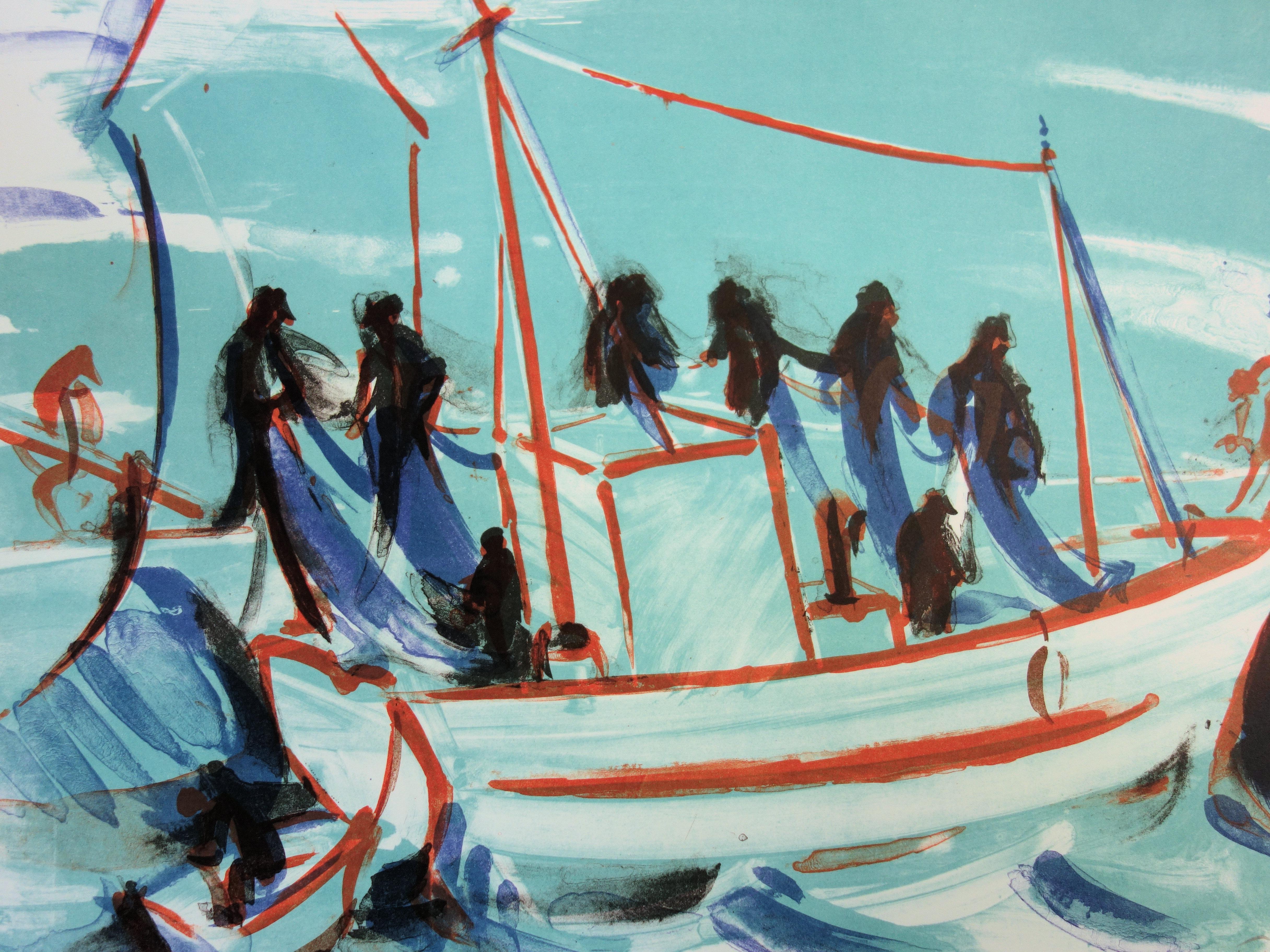 Fishermen working on a Boat - Original handsigned lithograph - 50 copies - Modern Print by Jean Helion