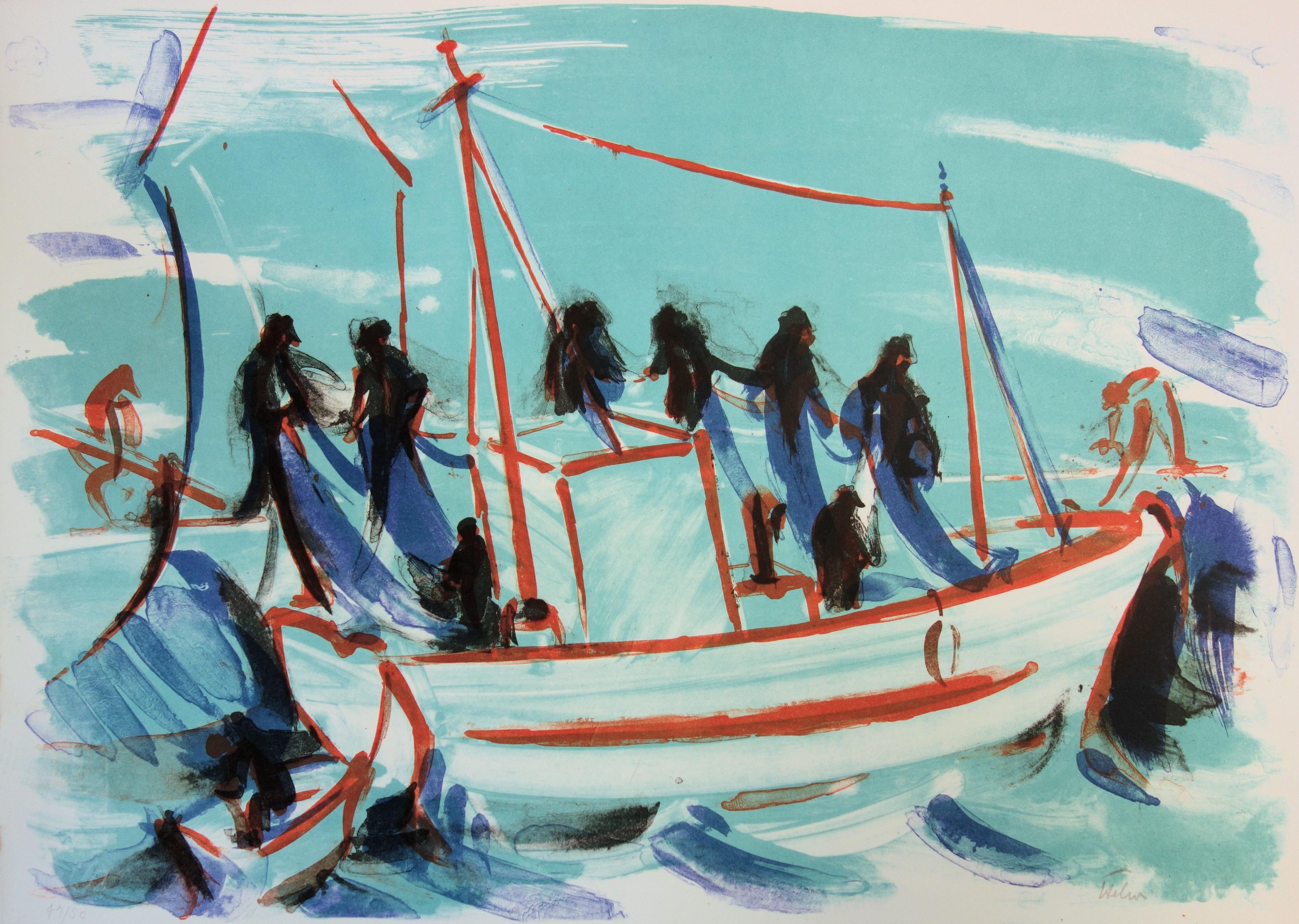 Jean Helion Landscape Print - Fishermen working on a Boat - Original handsigned lithograph - 50 copies