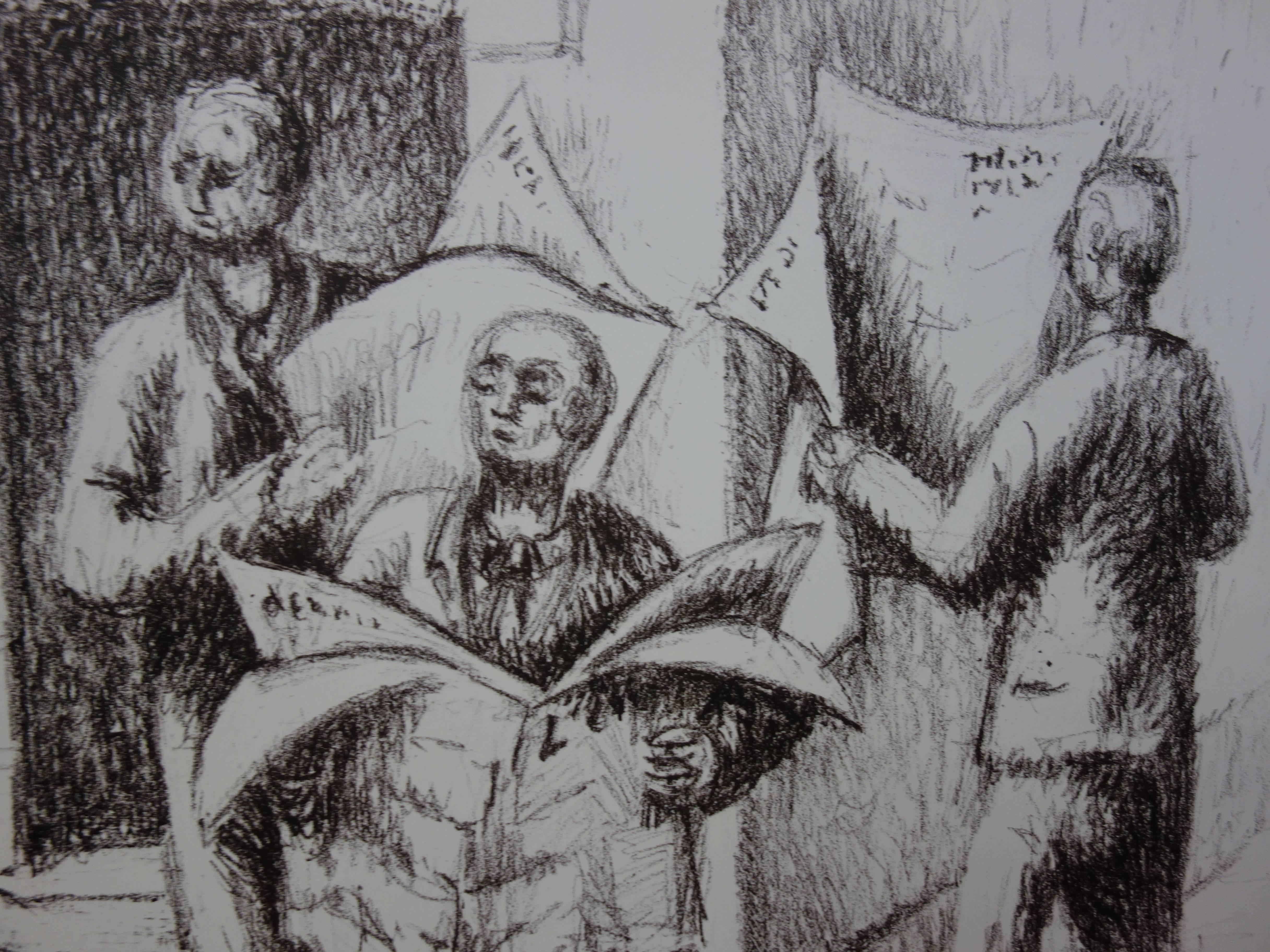 Jean Hélion - Readers of journal - lithograph - 1951 - Gray Figurative Print by Jean Helion