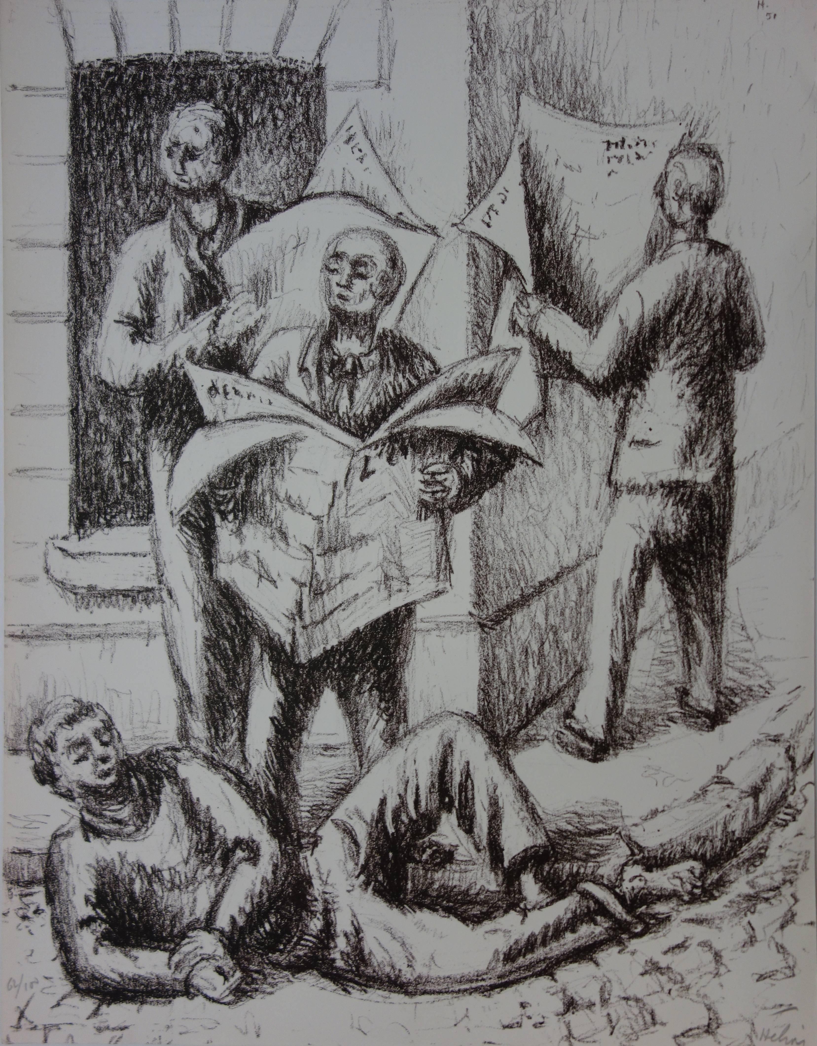 Figurative Print de Jean Helion - Jean Hélion - Lectores de diario - litografía - 1951