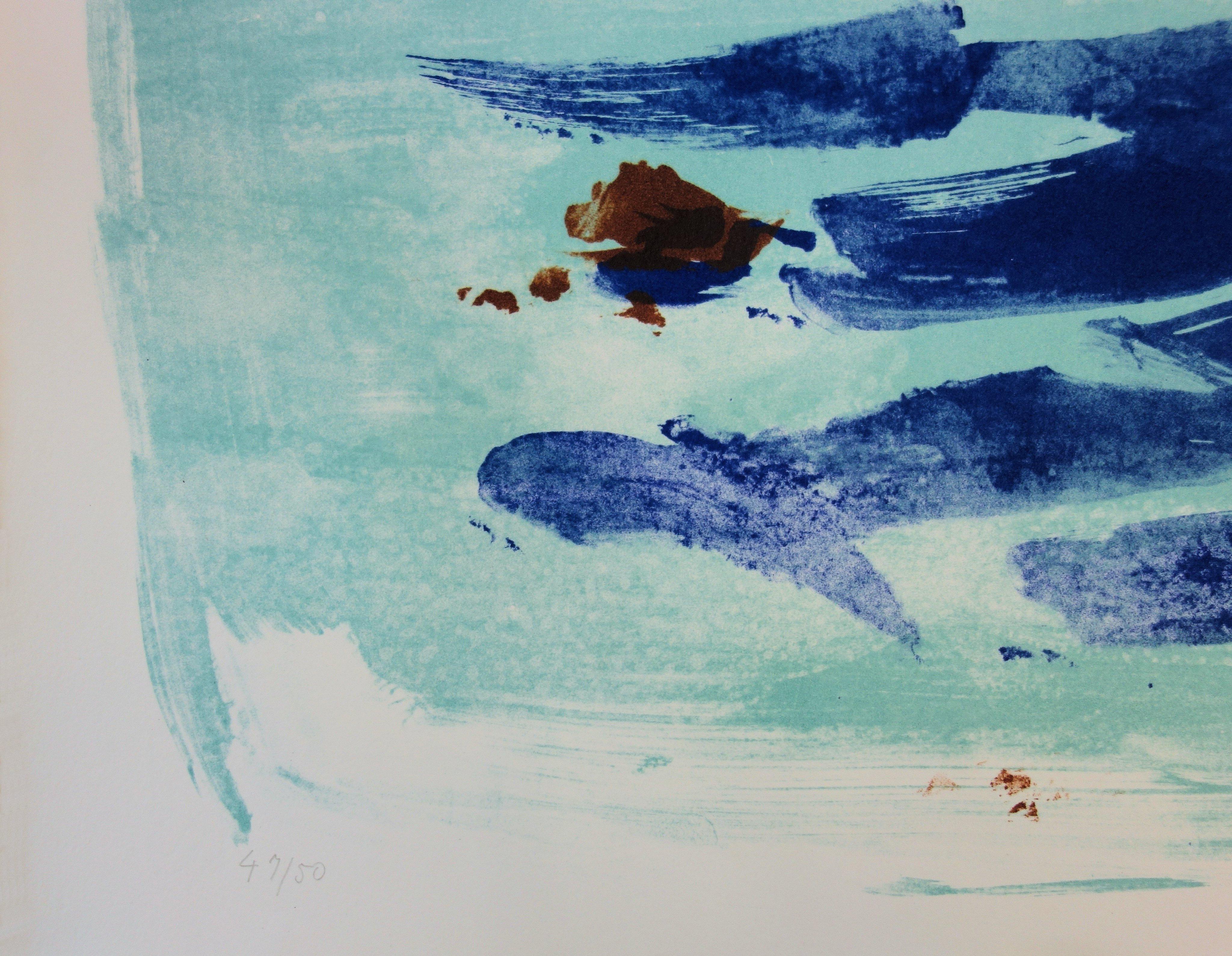 Light on the Sea - Original handsigned lithograph - 50 copies - Blue Landscape Print by Jean Helion