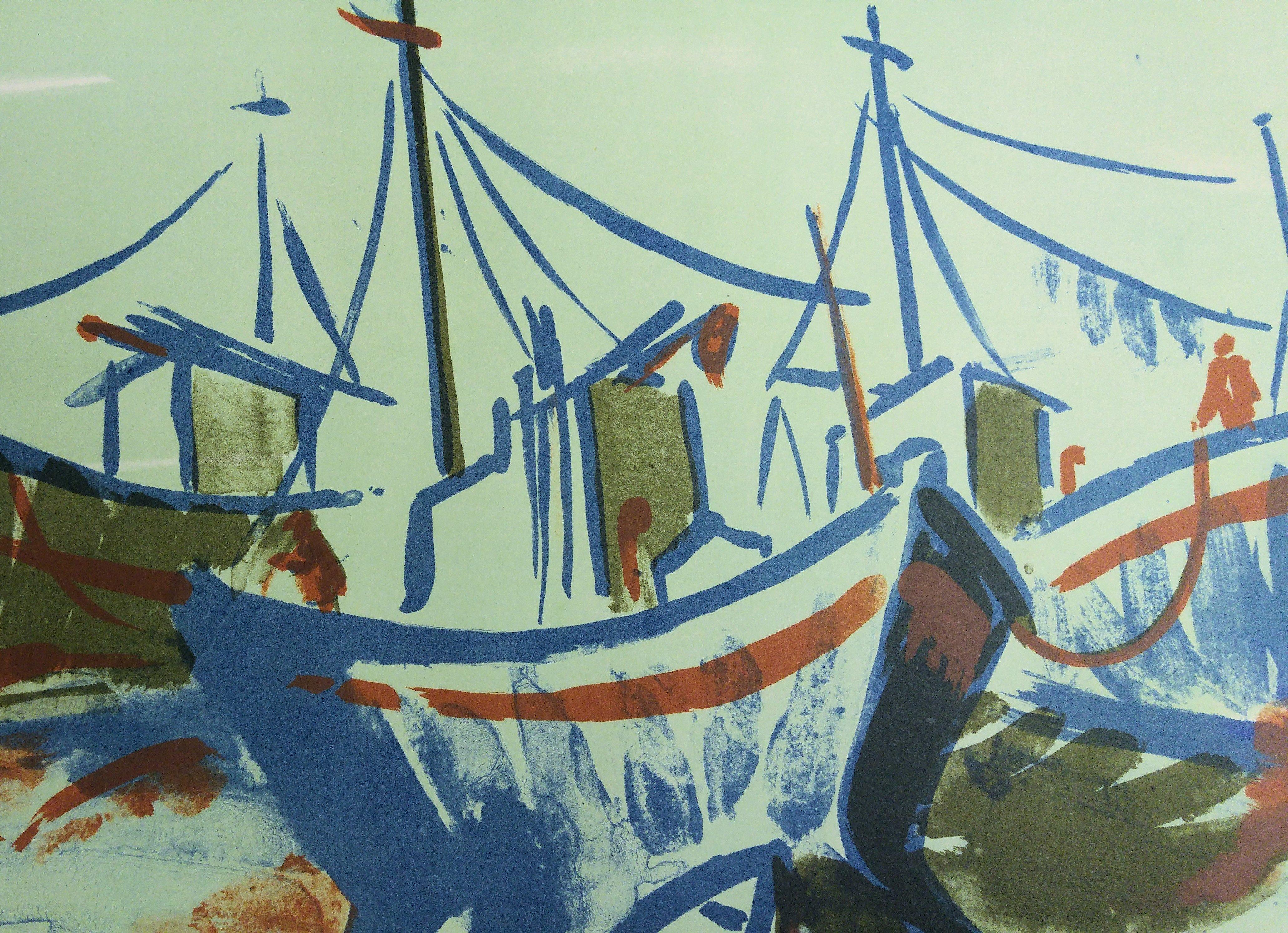 Three Boats - Original handsigned lithograph - 50 copies - Blue Landscape Print by Jean Helion