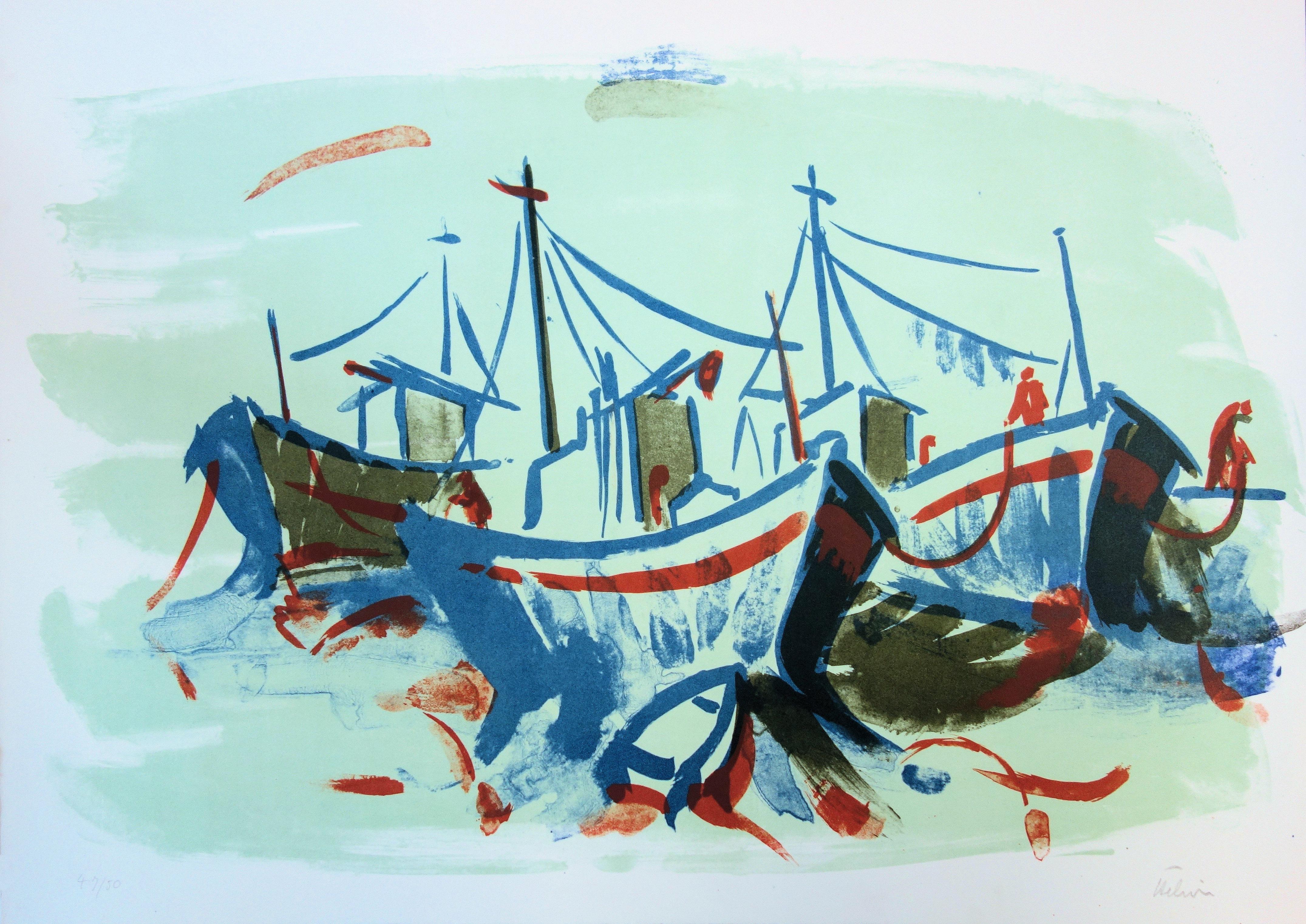Jean Helion Landscape Print - Three Boats - Original handsigned lithograph - 50 copies