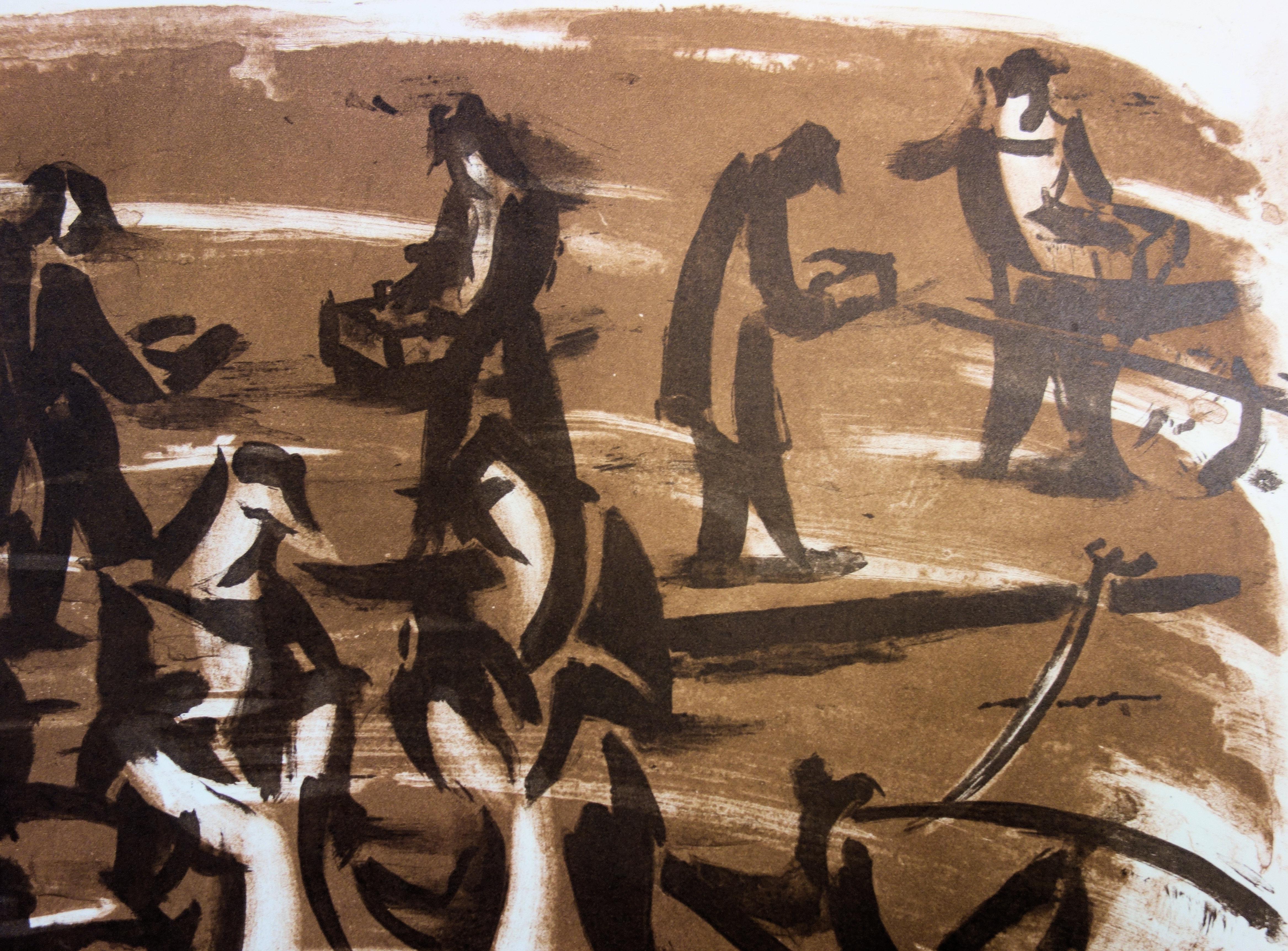 Workers at the Harbor - Original handsigned lithograph - 50 copies - Brown Landscape Print by Jean Helion