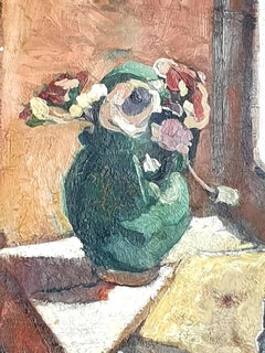 Early 20th Century Provençal Sill Life. Glazed Water Jug, Flowers and Books.
