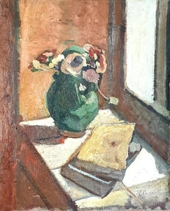 Early 20th Century Provençal Sill Life. Glazed Water Jug, Flowers and Books.
