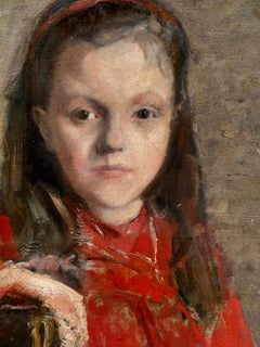 19th century Belgium portrait of a Young girl in a red dress Impressionist