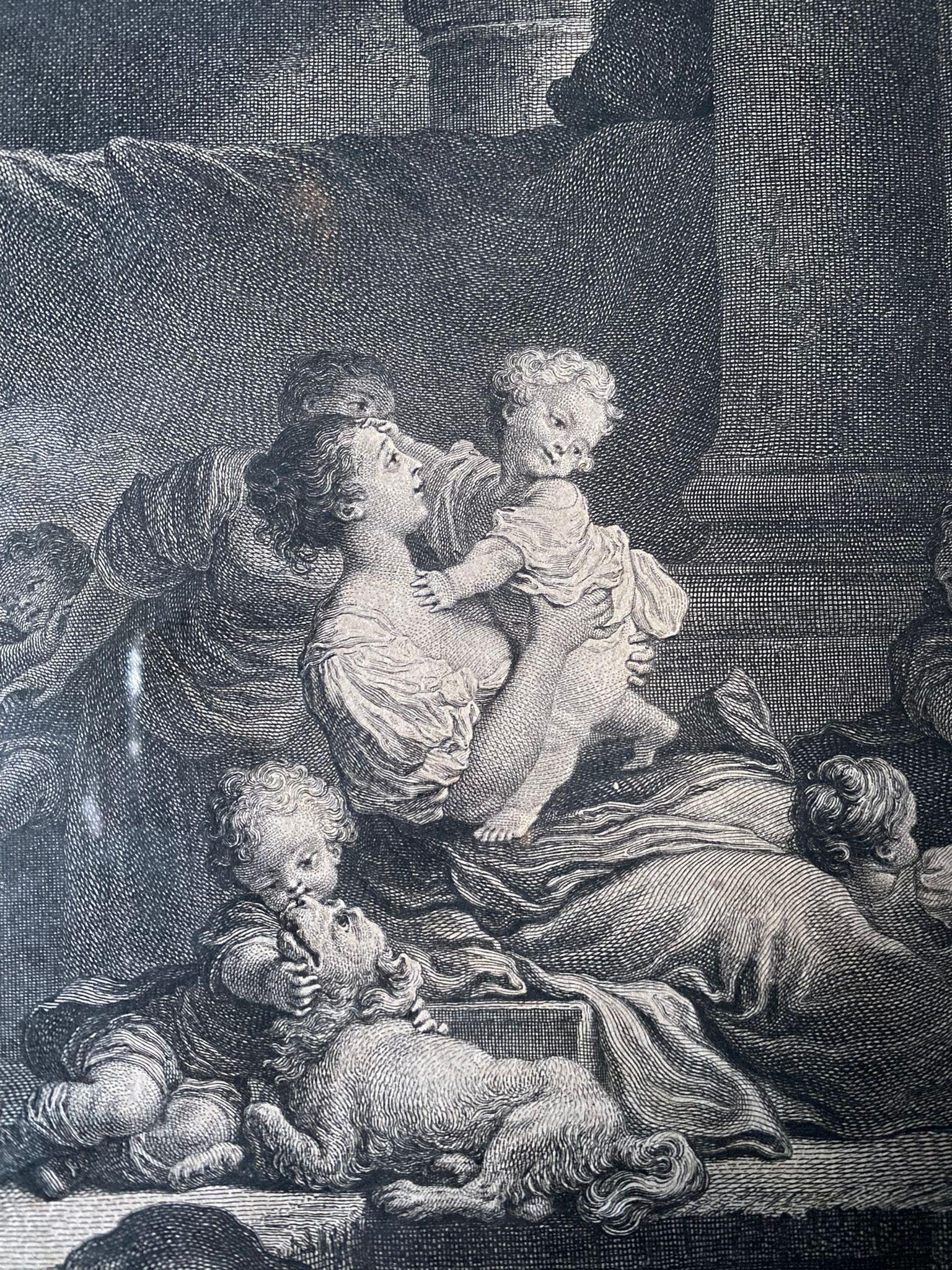 This nice engraving is made bye Nicolas Launay, after the work of Jean Honoré Fragonard. This engraving represents a painting of Fragonard visible in an architecture topped with foliage. Its represents in the foreground a woman with a child in her