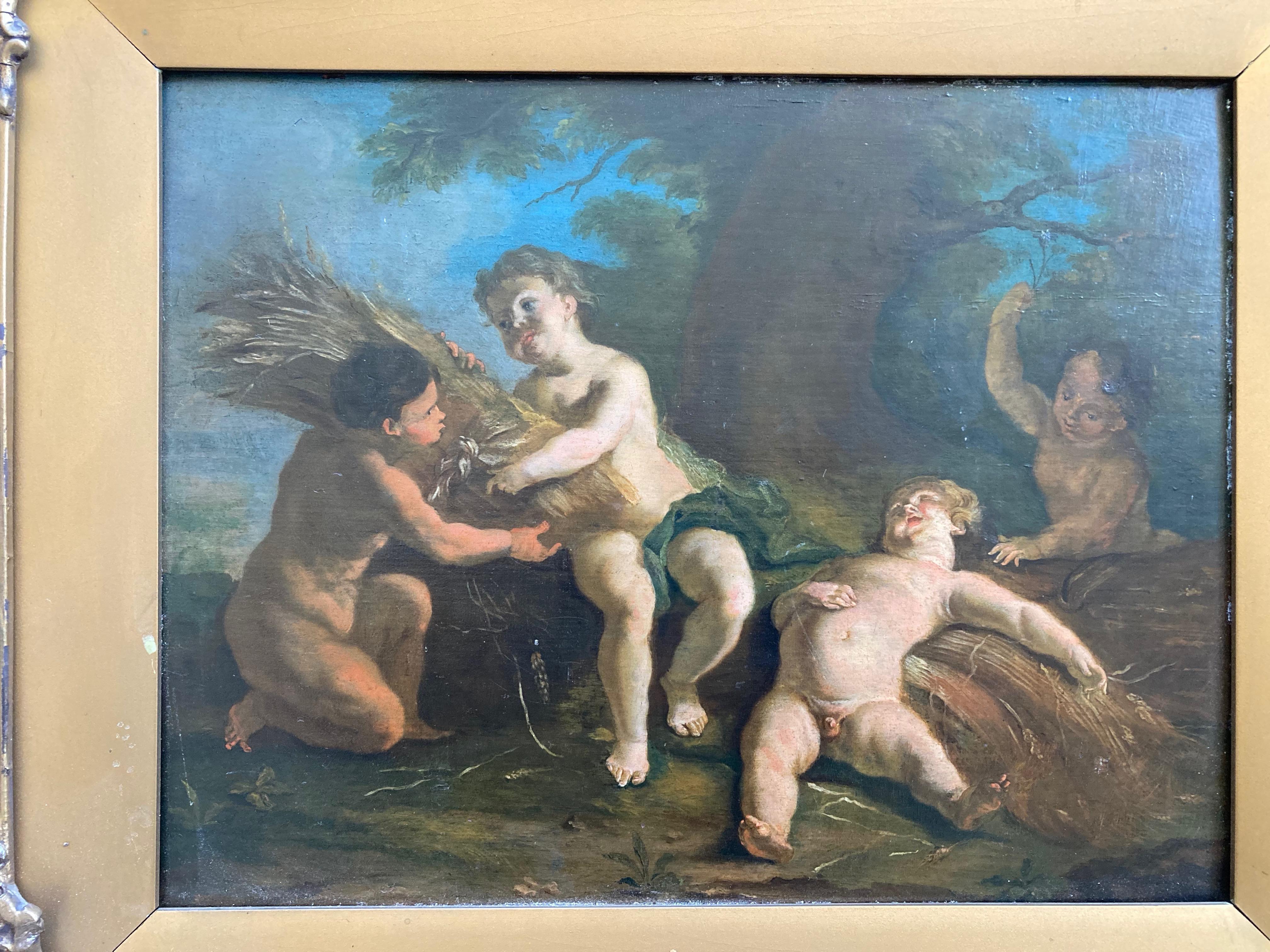 A charming image of cherubs cavorting with sheaths of wheat in a woodland setting.

Follower of Jean-Honoré Fragonard
Cherubs cavorting before a tree
Oil on panel
10¾ x 14 inches excluding the frame
16½ x 19½ inches with the frame