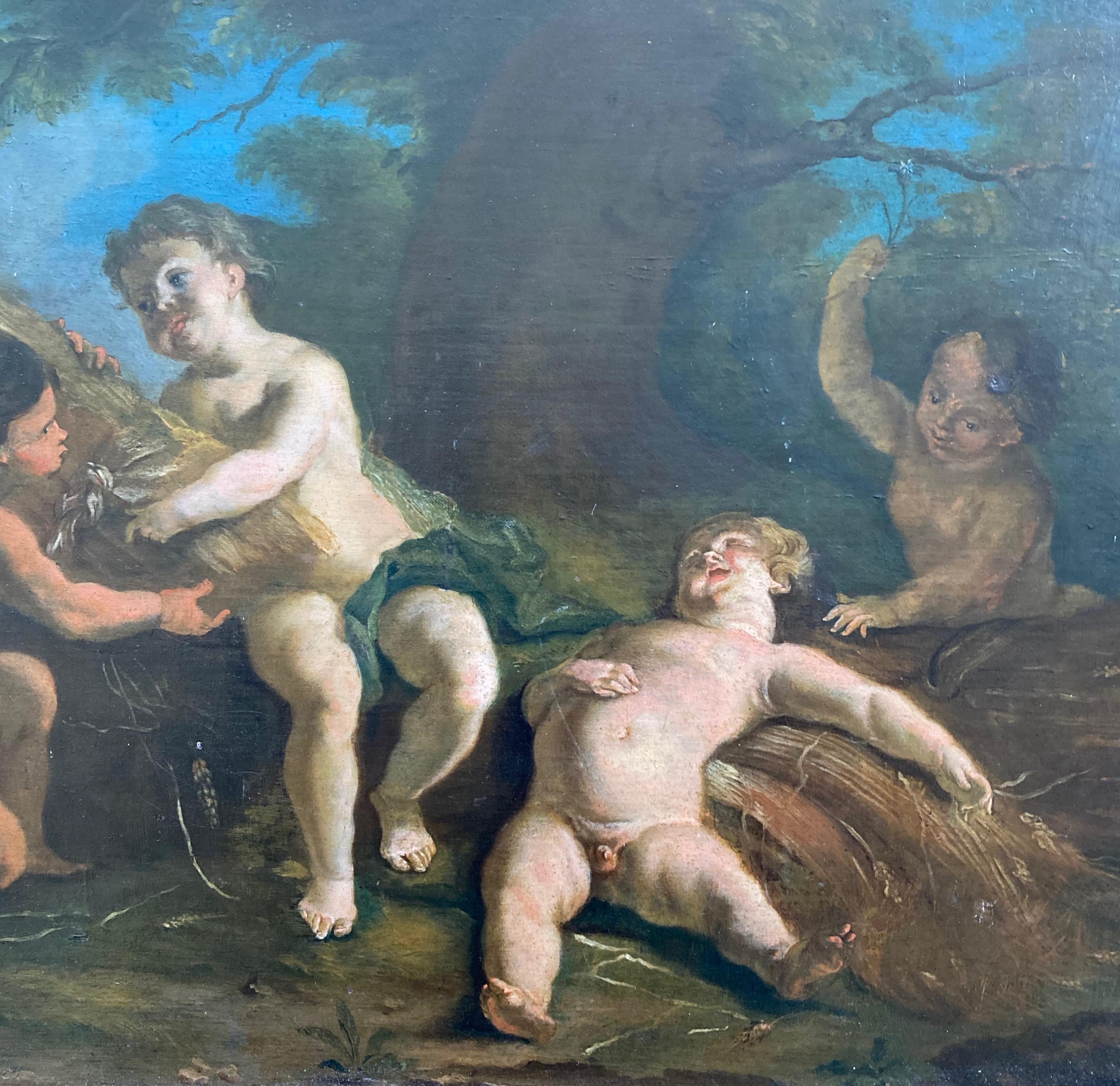 Old master painting of Cherubs cavorting in a woodland setting For Sale 1