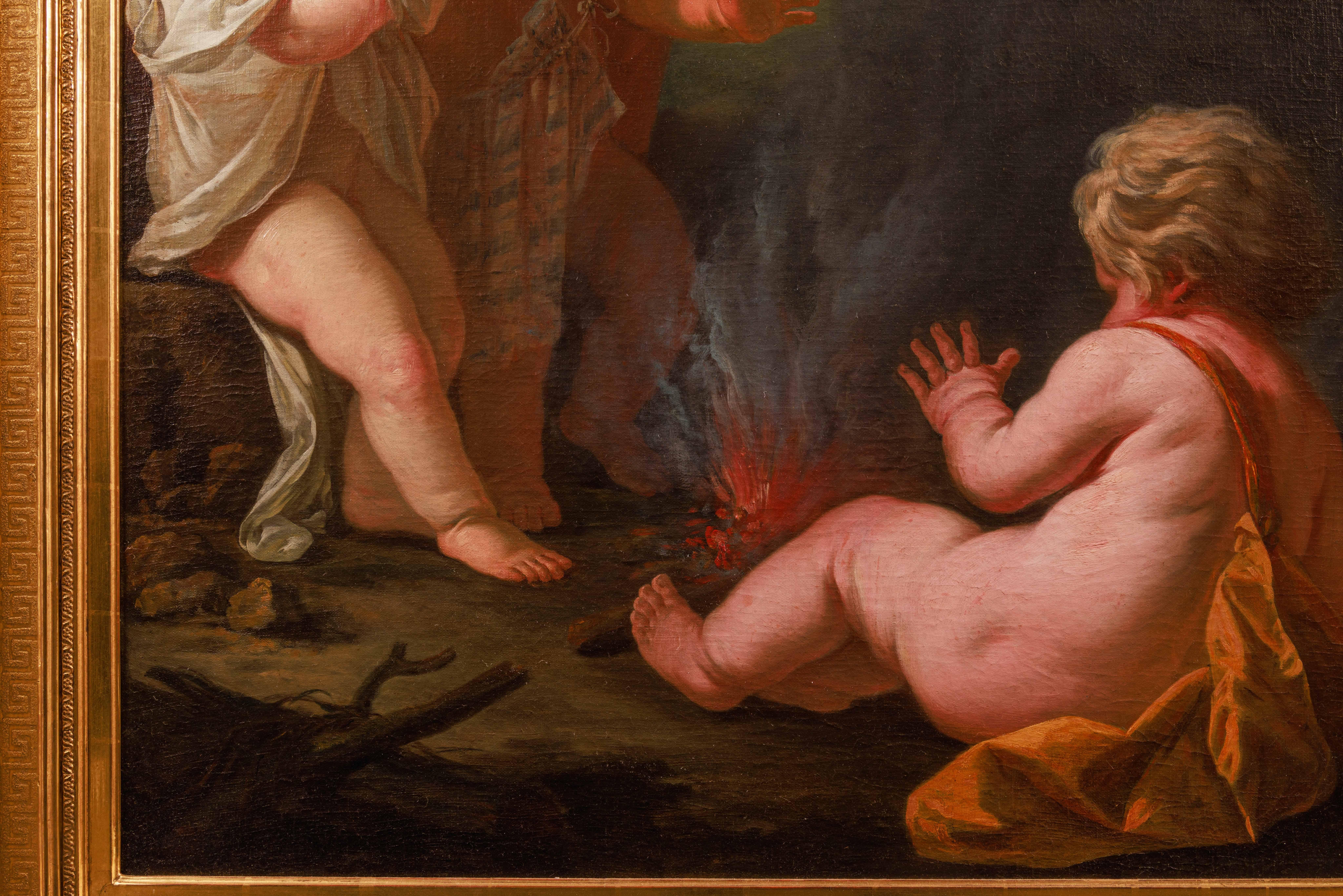 Kreis von Jean Honore Fragonard (Französisch 1732-1806) Ein außergewöhnliches Gemälde von drei Putten und Feuer, um 1795.

Meisterhaftes Gemälde aus dem späten 18. Jahrhundert, Öl auf Leinwand, das zwei Putten darstellt, die ihr Geschwisterchen ins