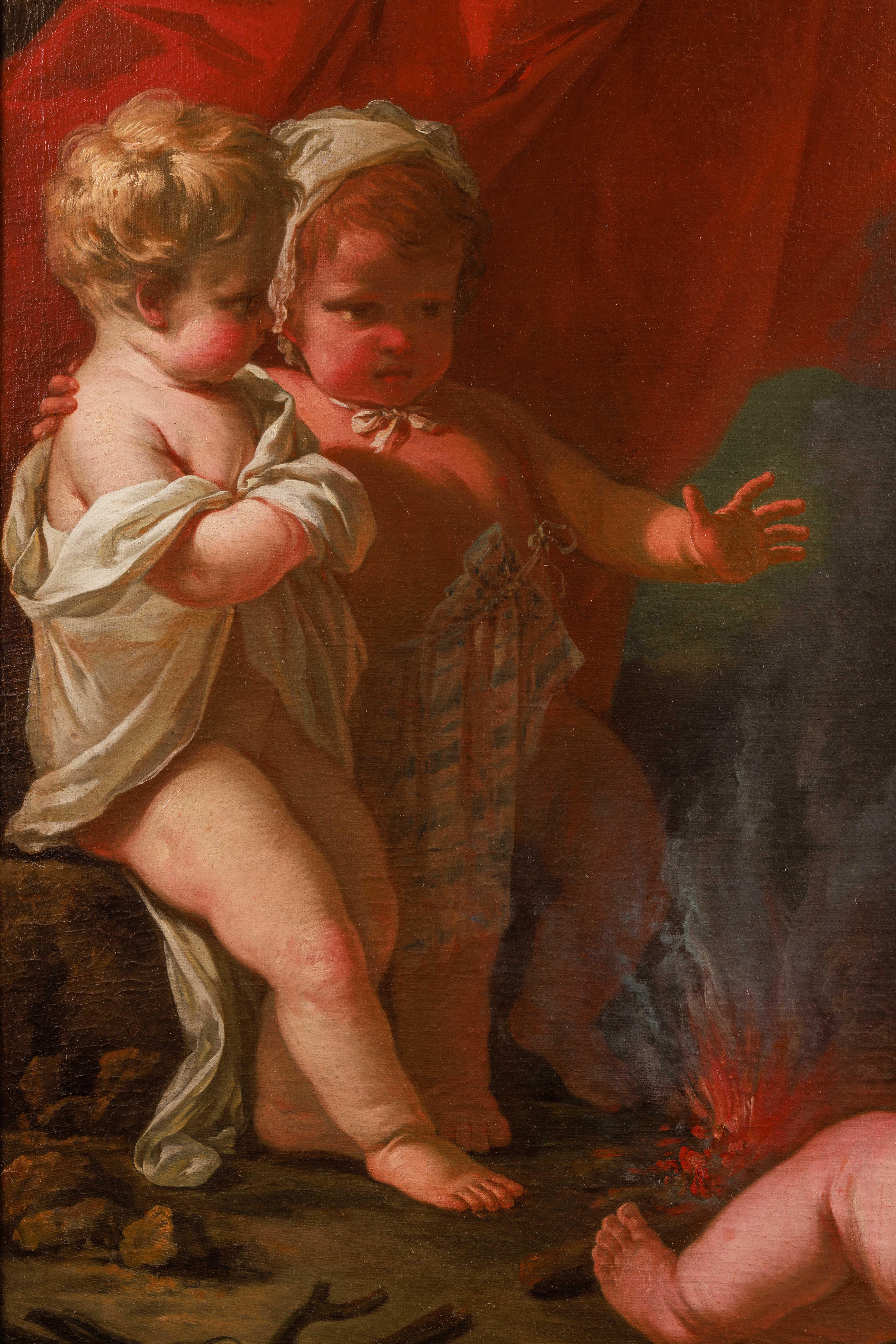 Kreis um Jean Honore Fragonard (1732-1806) Ein Gemälde mit drei Putten und Feuer im Angebot 1