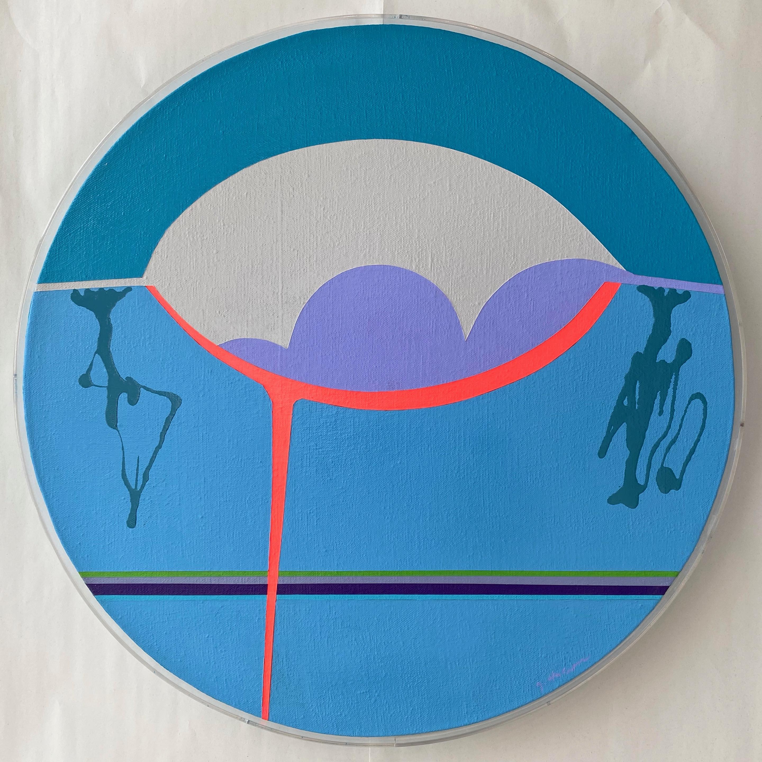 A small round abstract Minimalist acrylic painting by San Francisco artist Jean Hyson (b. 1934) titled “The Foundation”. One of two works from the artist’s 1969 series of futuristic-looking round paintings that we currently offer, the other being an