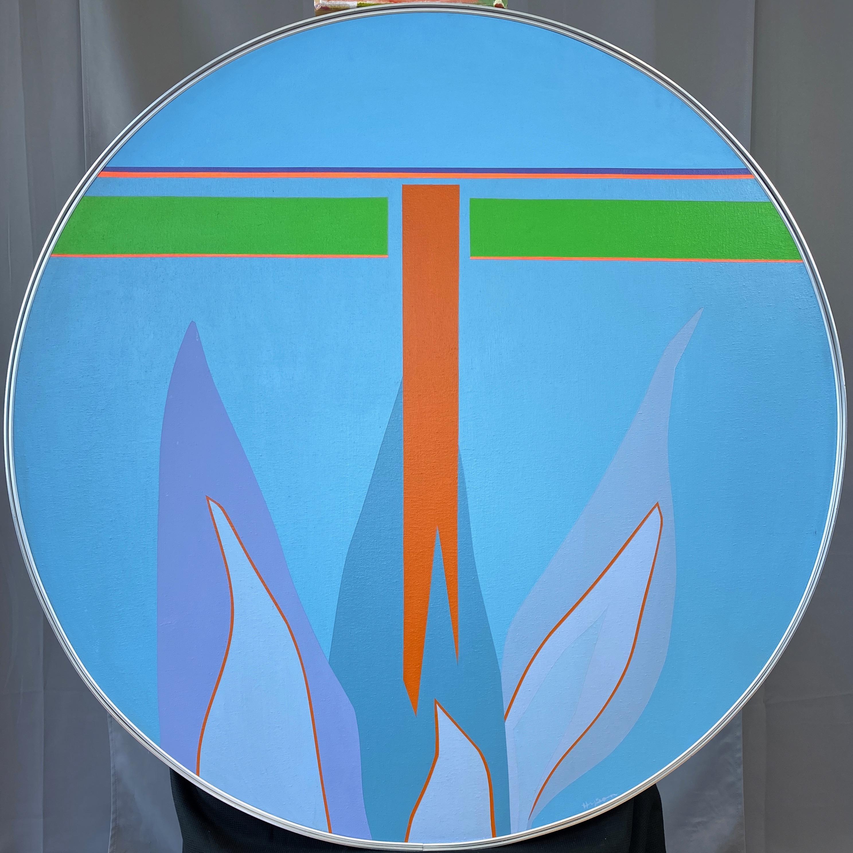 An extra-large round abstract minimalist acrylic painting by San Francisco artist Jean Hyson (b. 1934) titled “The Light Sown”. One of two works from the artist’s 1969 series of futuristic-looking paintings that we currently offer, the other being a