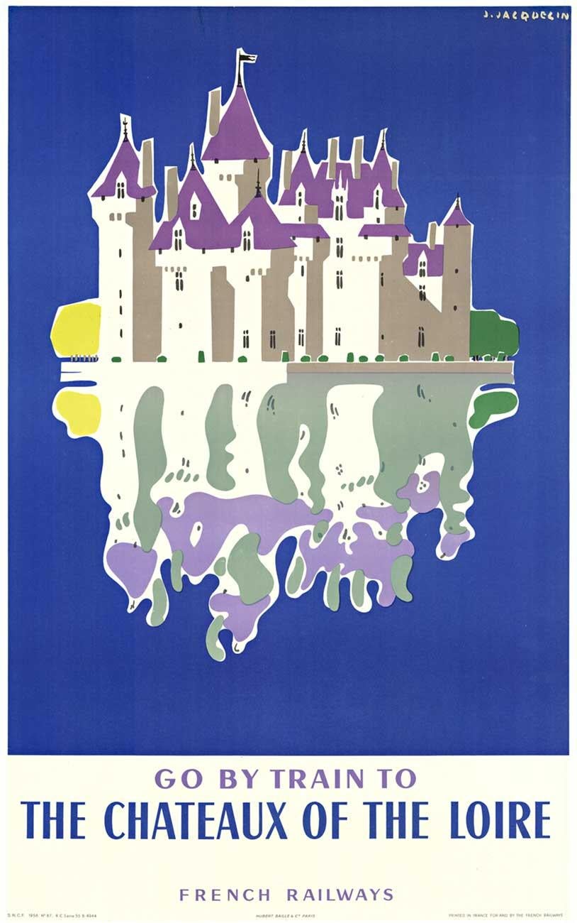 Vintage-Poster „The Chateaux of the Loire, Go by Train“ (Violett), Landscape Print, von Jean Jacquelin