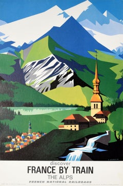 Original Vintage-Reiseplakat „Discover France By Train The Alps“, Französische Eisenbahn, Original