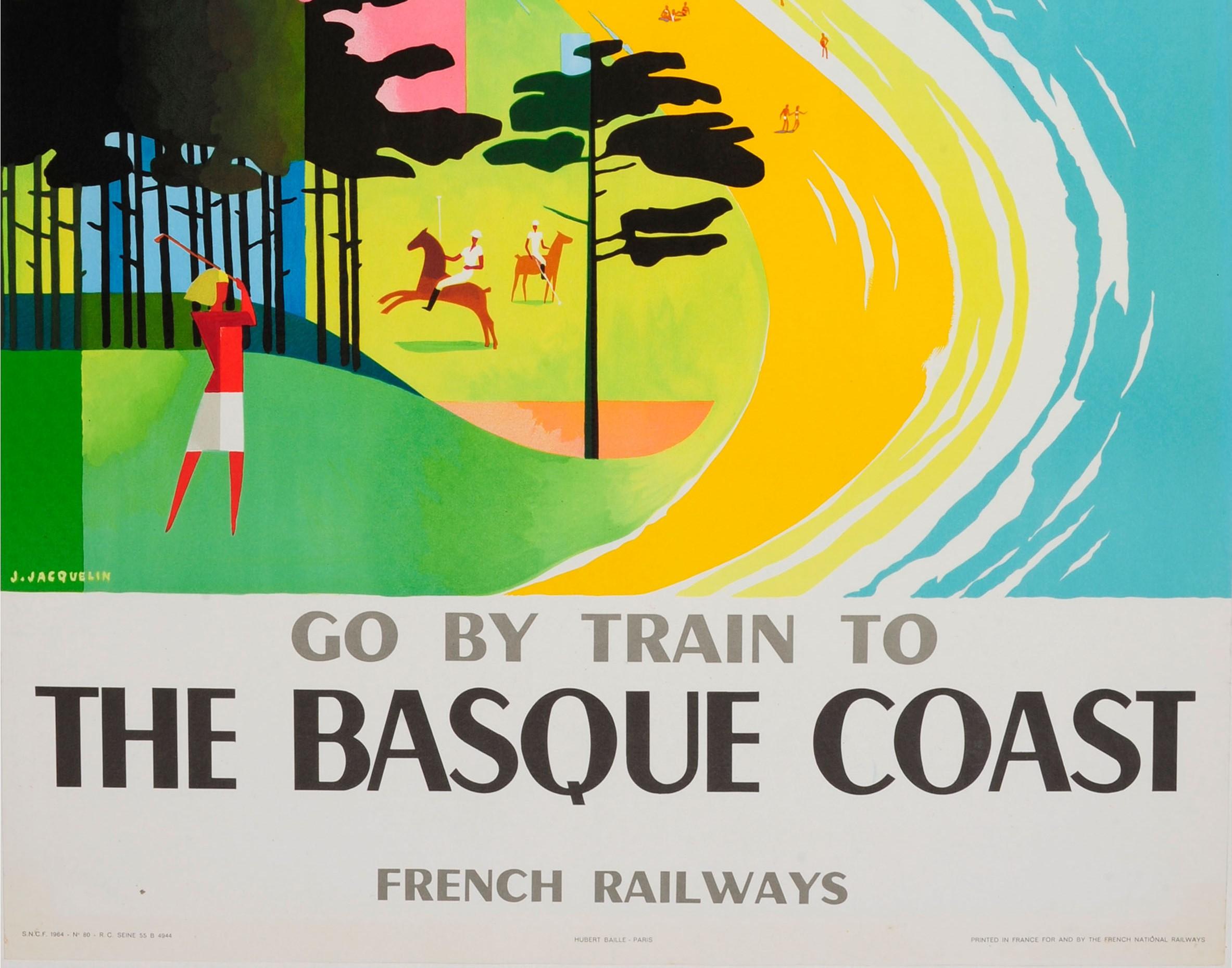 Poster di viaggio in treno originale d'epoca Ferrovia della Costa Basca Spiaggia Pelota Polo Golf - Print Blu di Jean Jacquelin